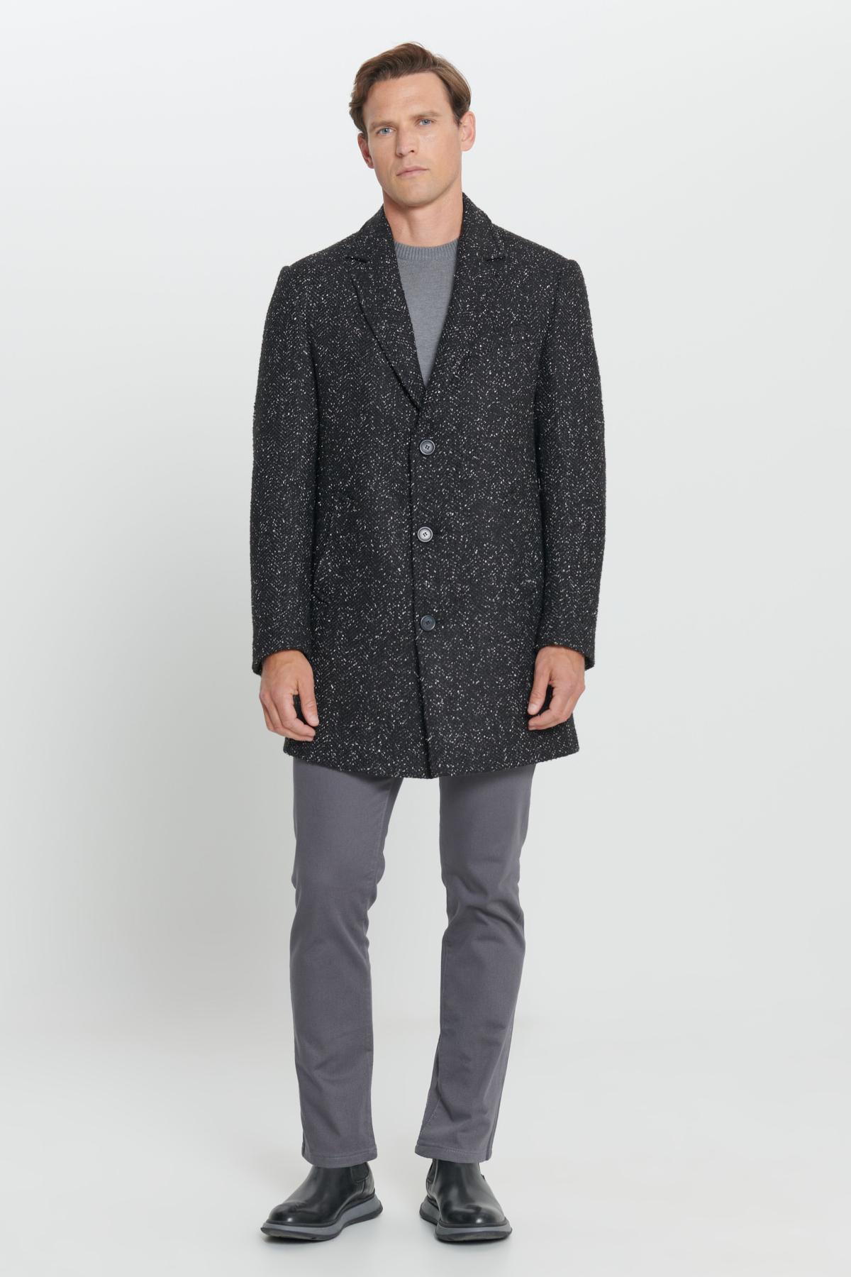AC&Co / Altınyıldız Classics  Erkek Siyah Standart Fit Normal Kesim Mono Yaka Desenli Yünlü Palto - Görsel 2