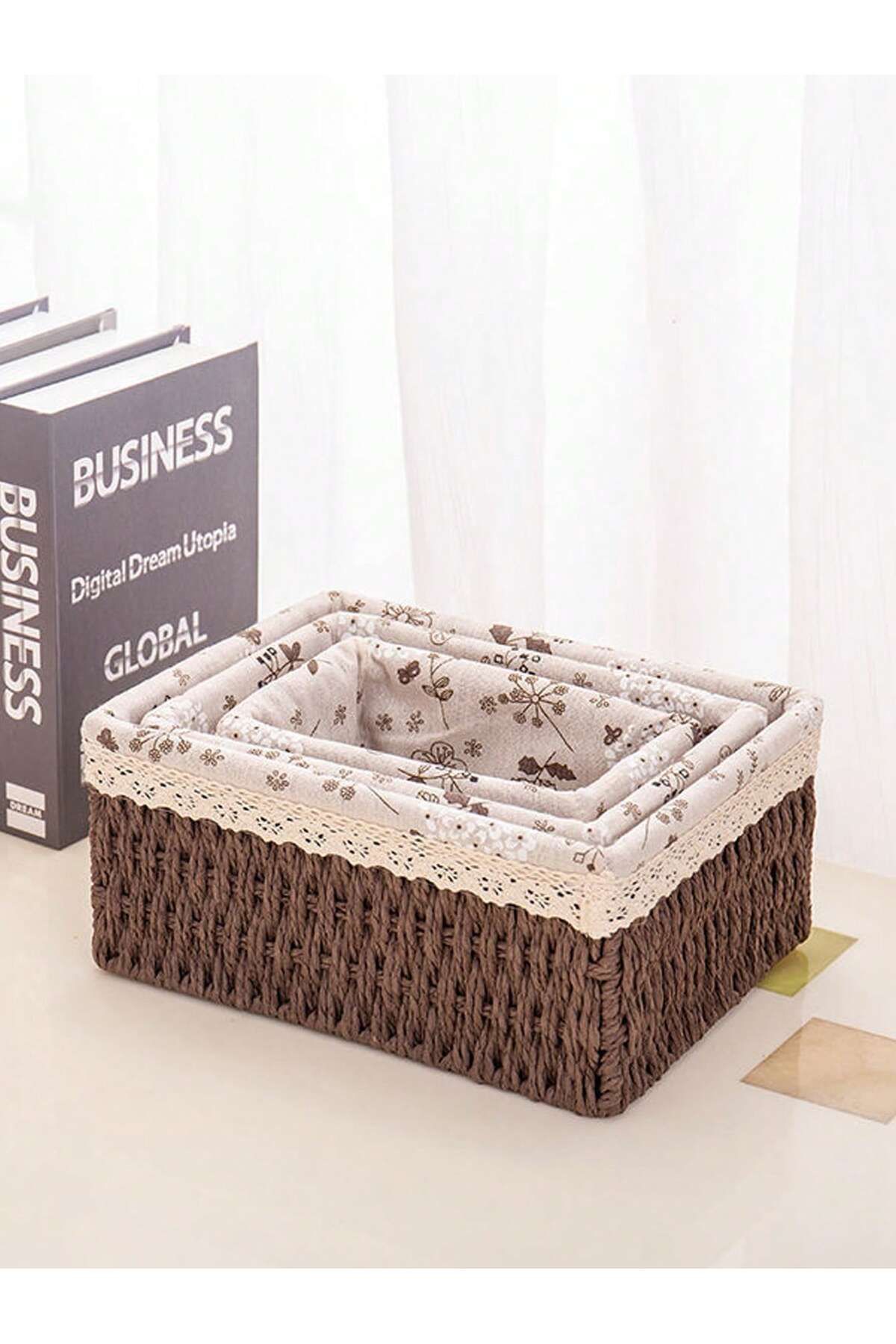 Cozy Nest-مجموعة من 3 سلال تخزين منسوجة يدويًا مستطيلة متينة مع بطانة قماشية قابلة للإزالة 6