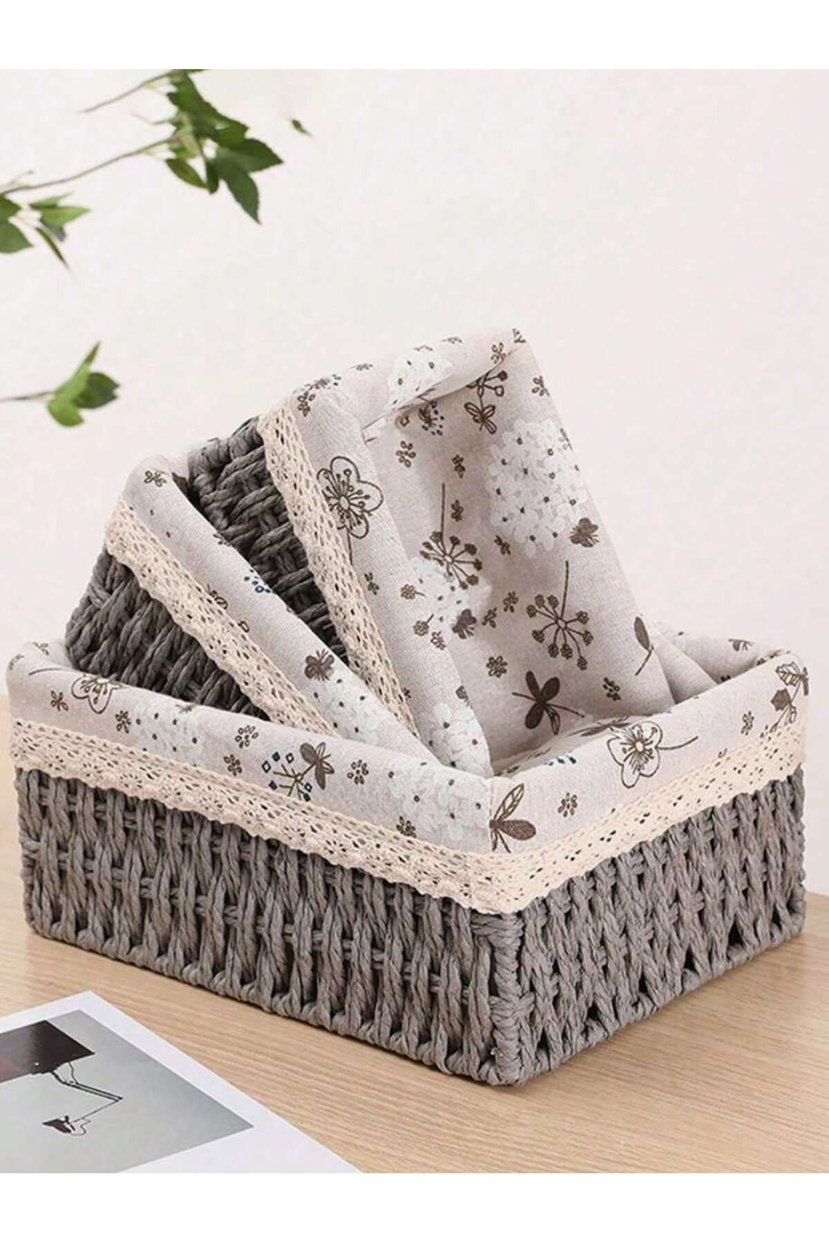 Cozy Nest-مجموعة من 3 سلال تخزين منسوجة يدويًا مستطيلة متينة مع بطانة قماشية قابلة للإزالة 5