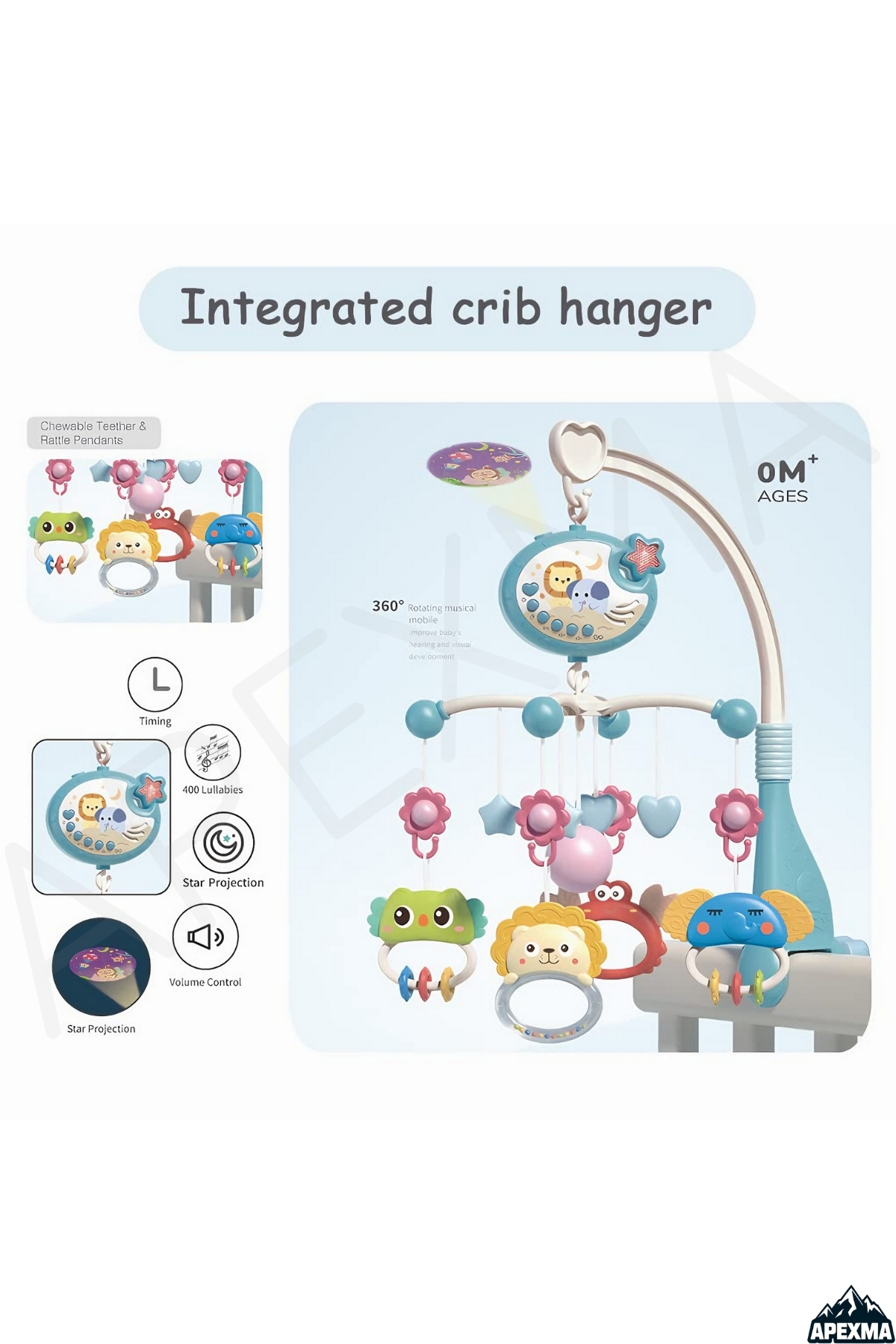 Apexma Pilli Işıklı Müzikli Kumandalı Projektörlü Sabitlemeli Çıngıraklı Dişlikli Dönence - Uyku Arkadaşı fotoğrafı 7 (önizleme)