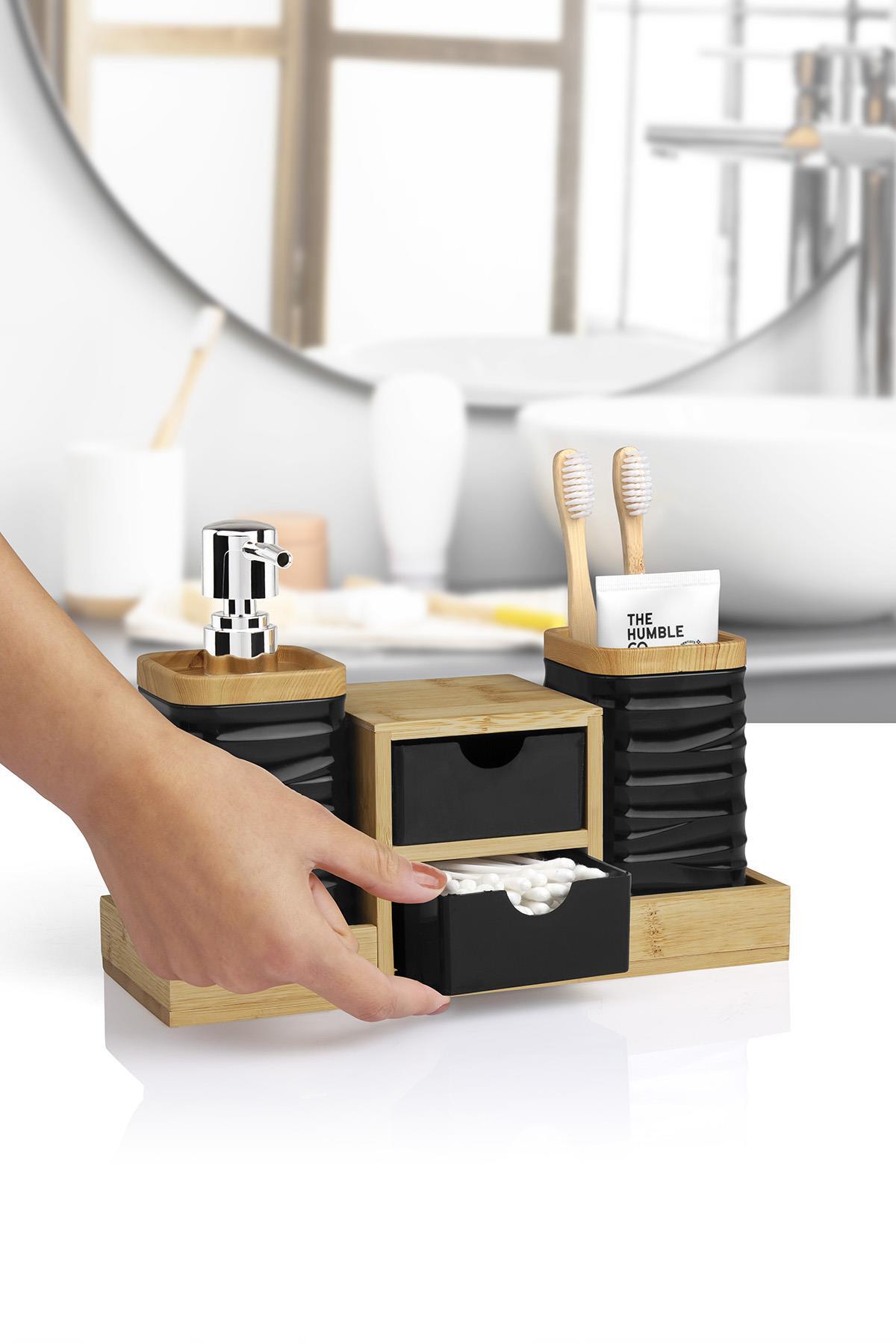 Okyanus Home Siyah Bambu Çekmeceli Sıvı Sabunluk Ve Diş Fırçalıklı