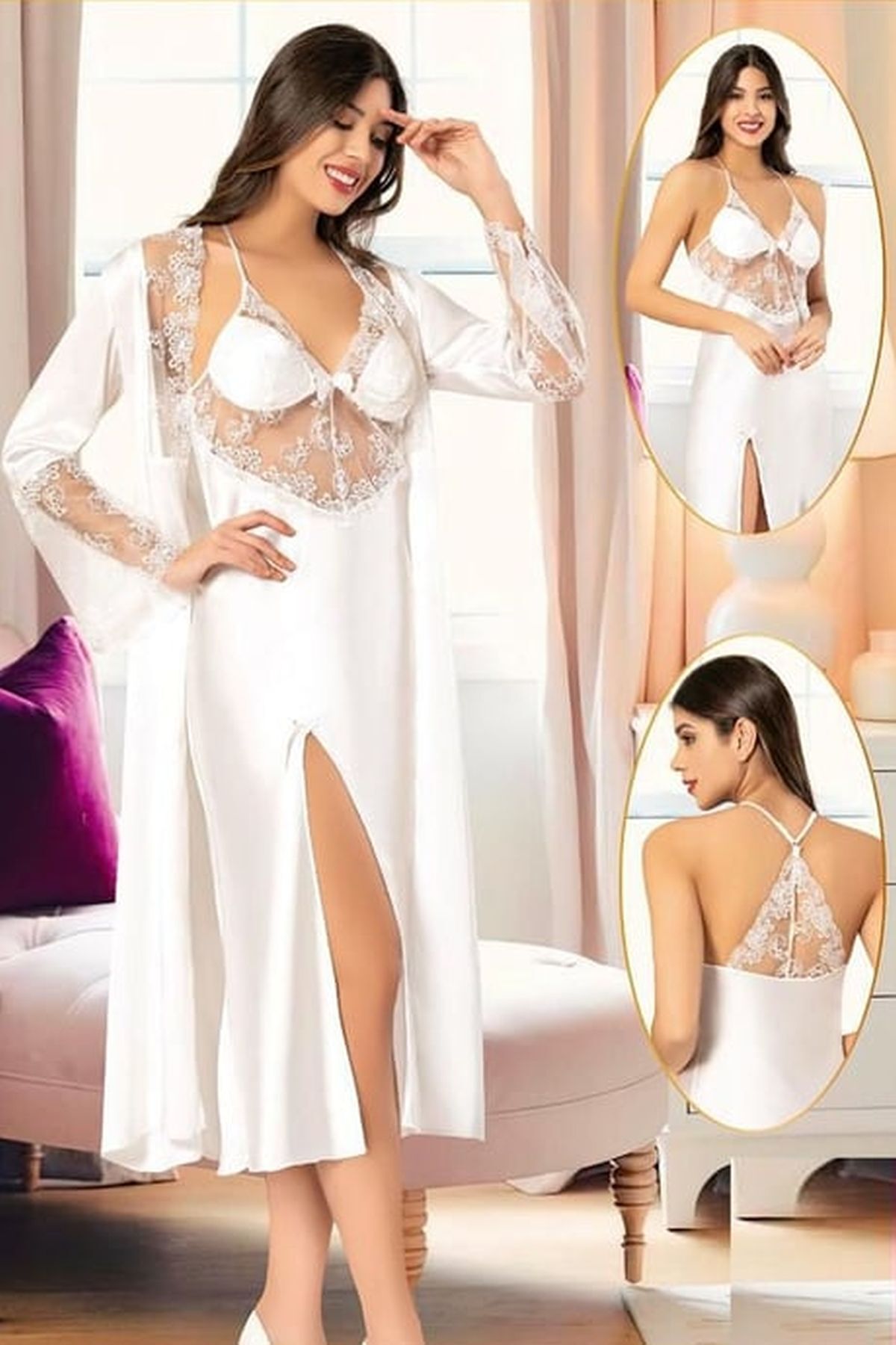 Xses 2110 Kadın Ekru Saten Sabahlıklı Gecelik Takım