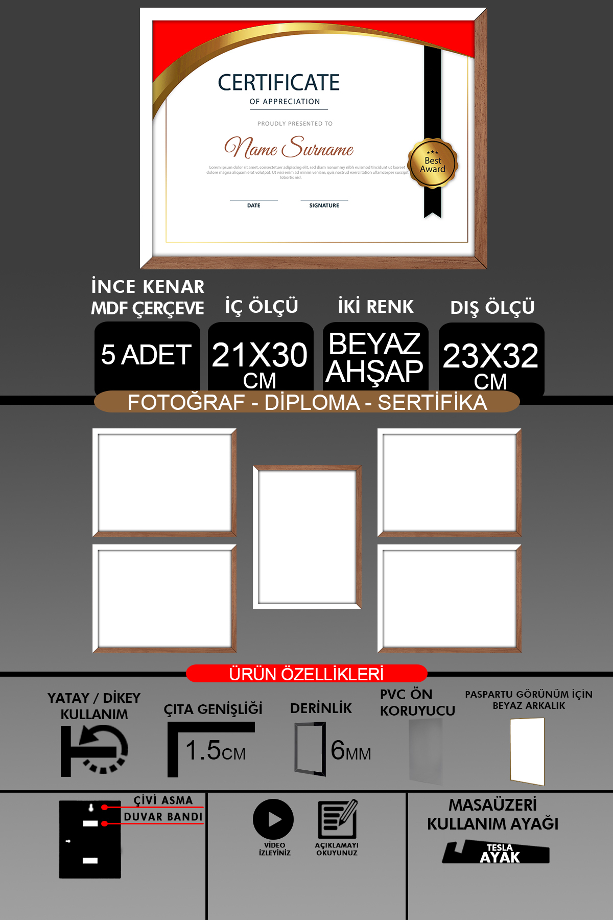 5 Pcs 21x30 Frame - Thin Lath A4 Frame - 2 Colors White Wood- Photo Certificate Frame