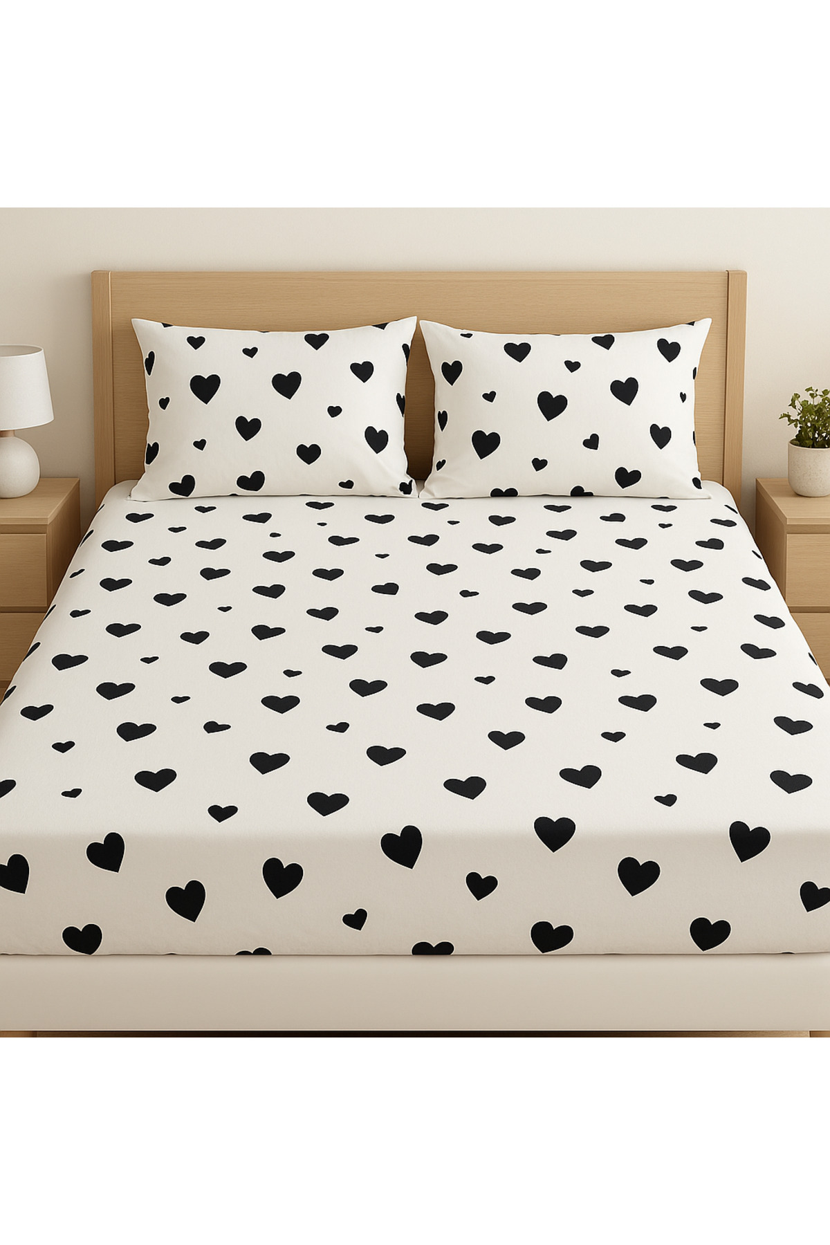 Madame Home-Double Fitted Sheet Set Black Heart Pattern Daily Use 3