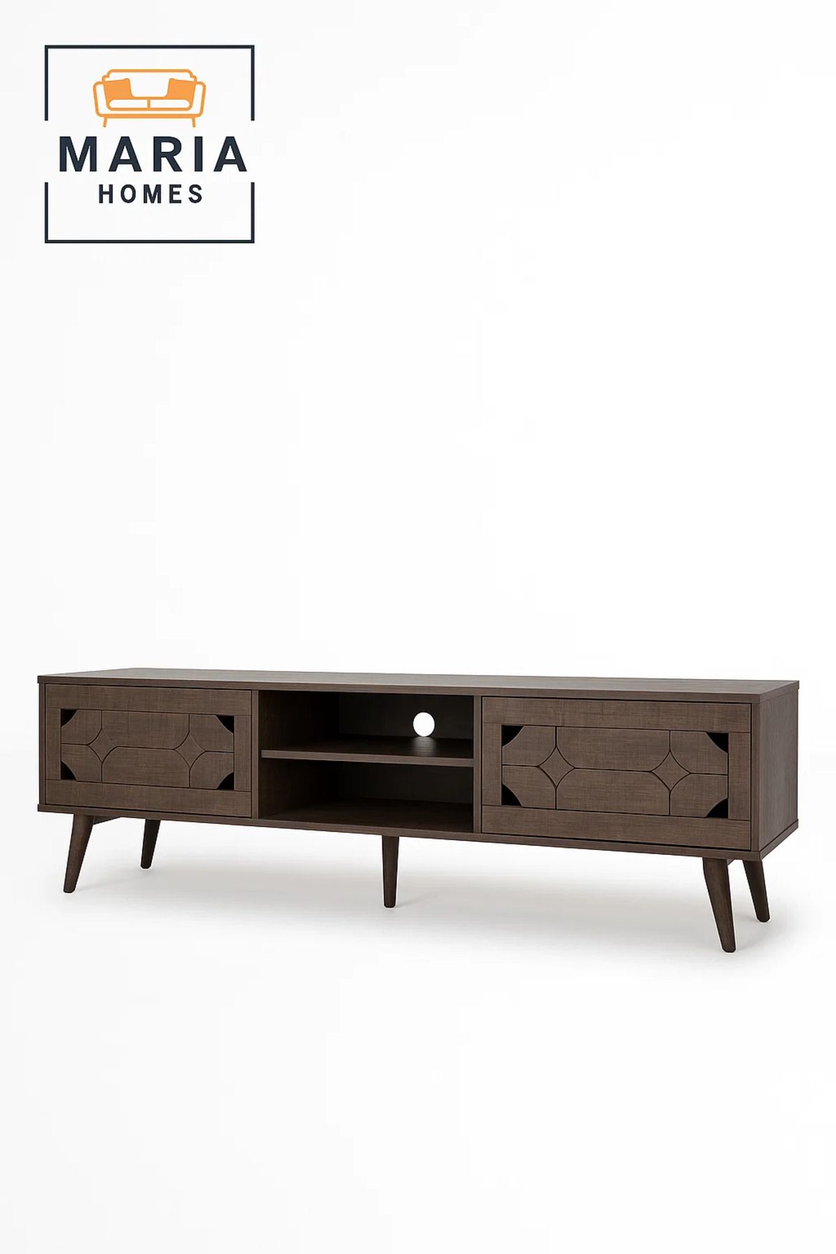 MARIA HOMES-Modern Walnut Wood-Look TV Stand 160x54 cm with Decorative Cabinets and Shelves 2