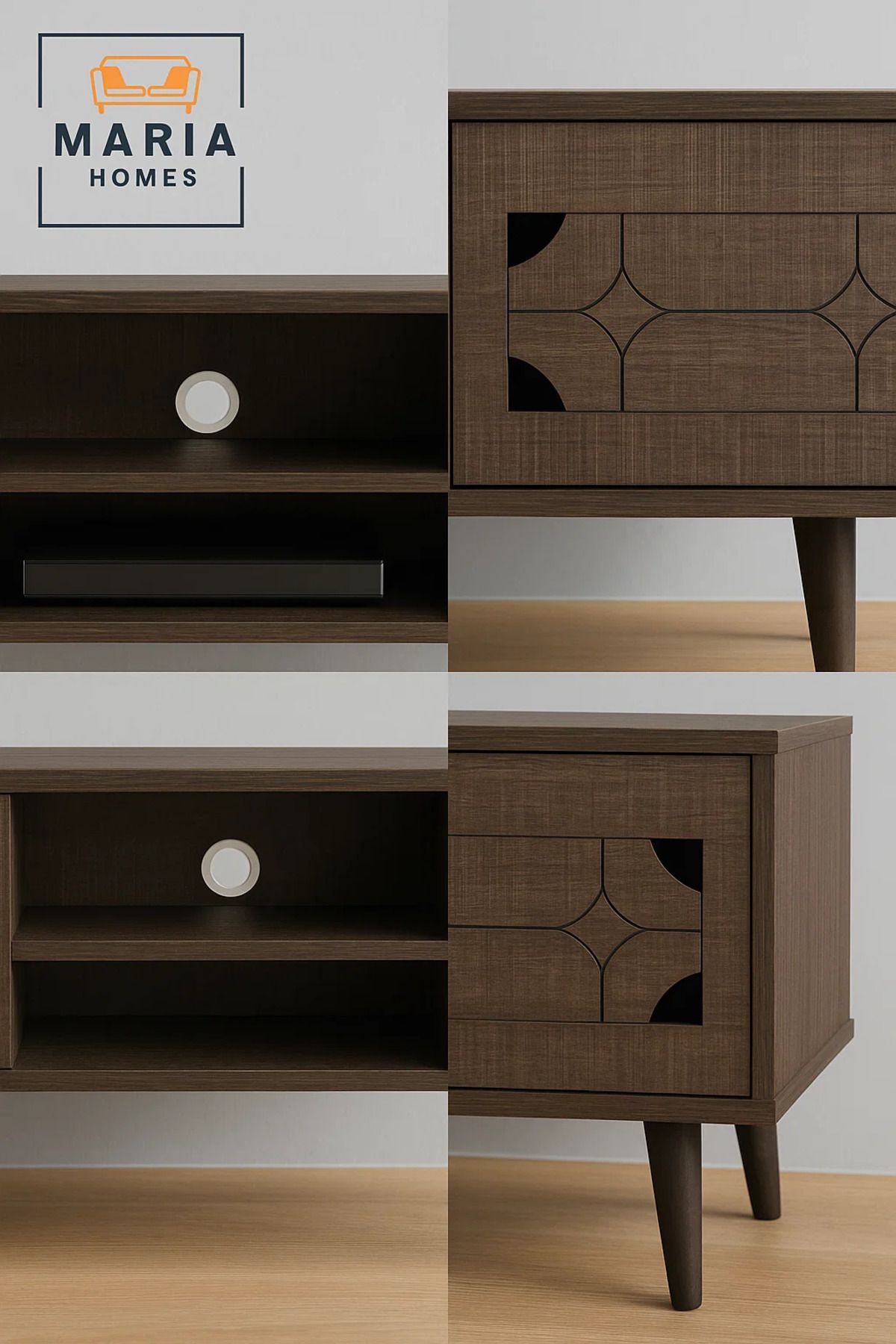 MARIA HOMES-Modern Walnut Wood-Look TV Stand 160x54 cm with Decorative Cabinets and Shelves 4
