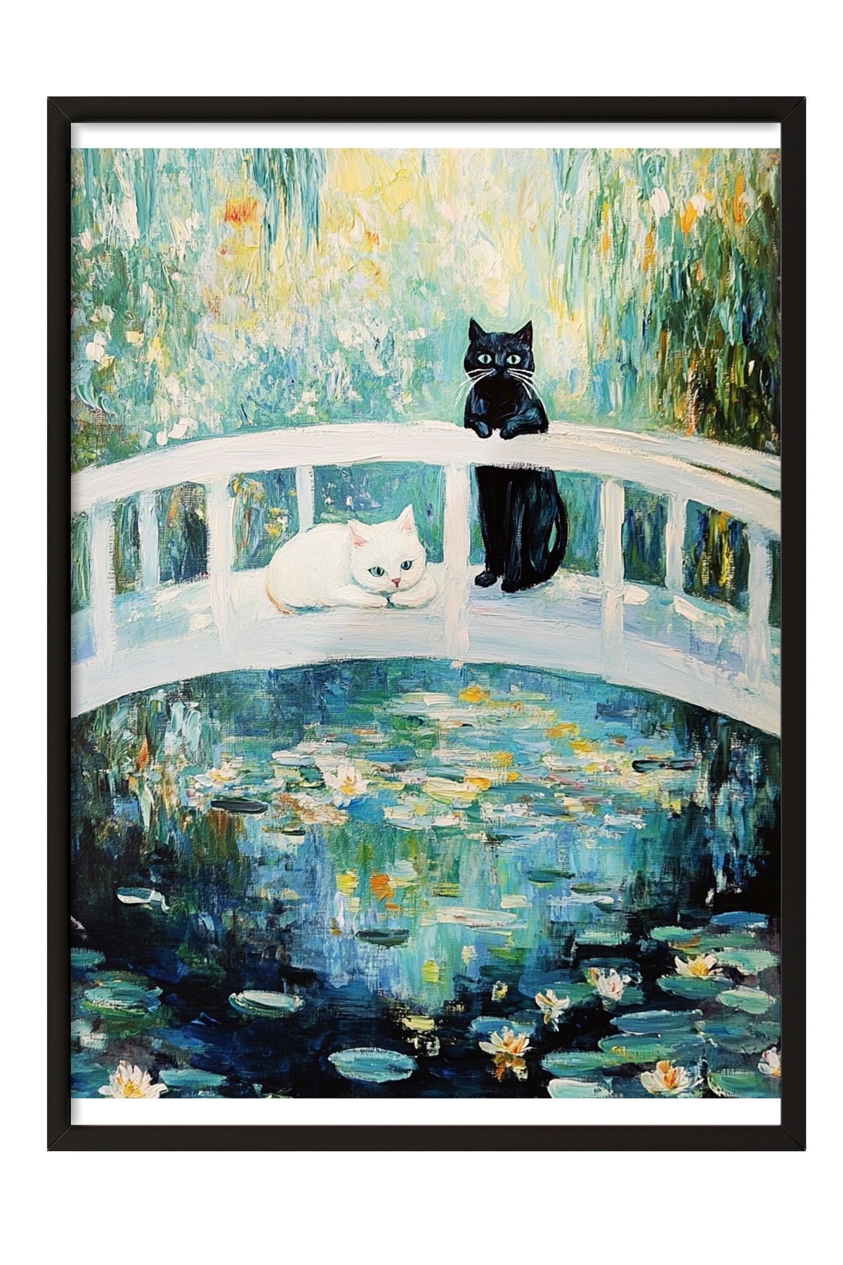 Black Frame Painting, Cat and Monet Style Bridge, Impressionist Style Poster No: 107413