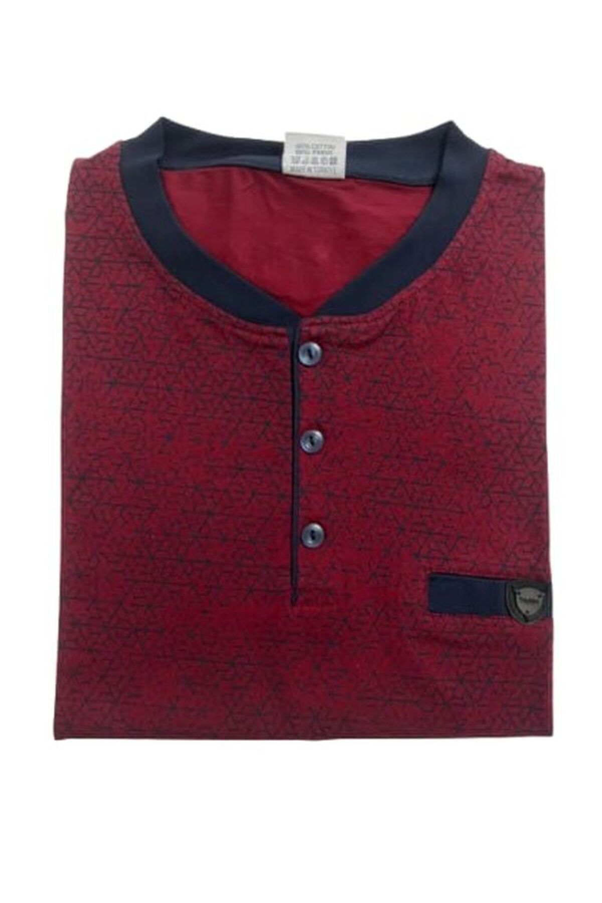 Tarık-Men's Combed Cotton Half Button Burgundy Flatolu Network Pattern Long Sleeve Pajama Set 3