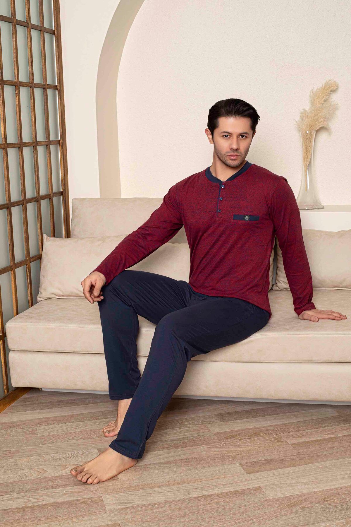 Tarık-Men's Combed Cotton Half Button Burgundy Flatolu Network Pattern Long Sleeve Pajama Set 2