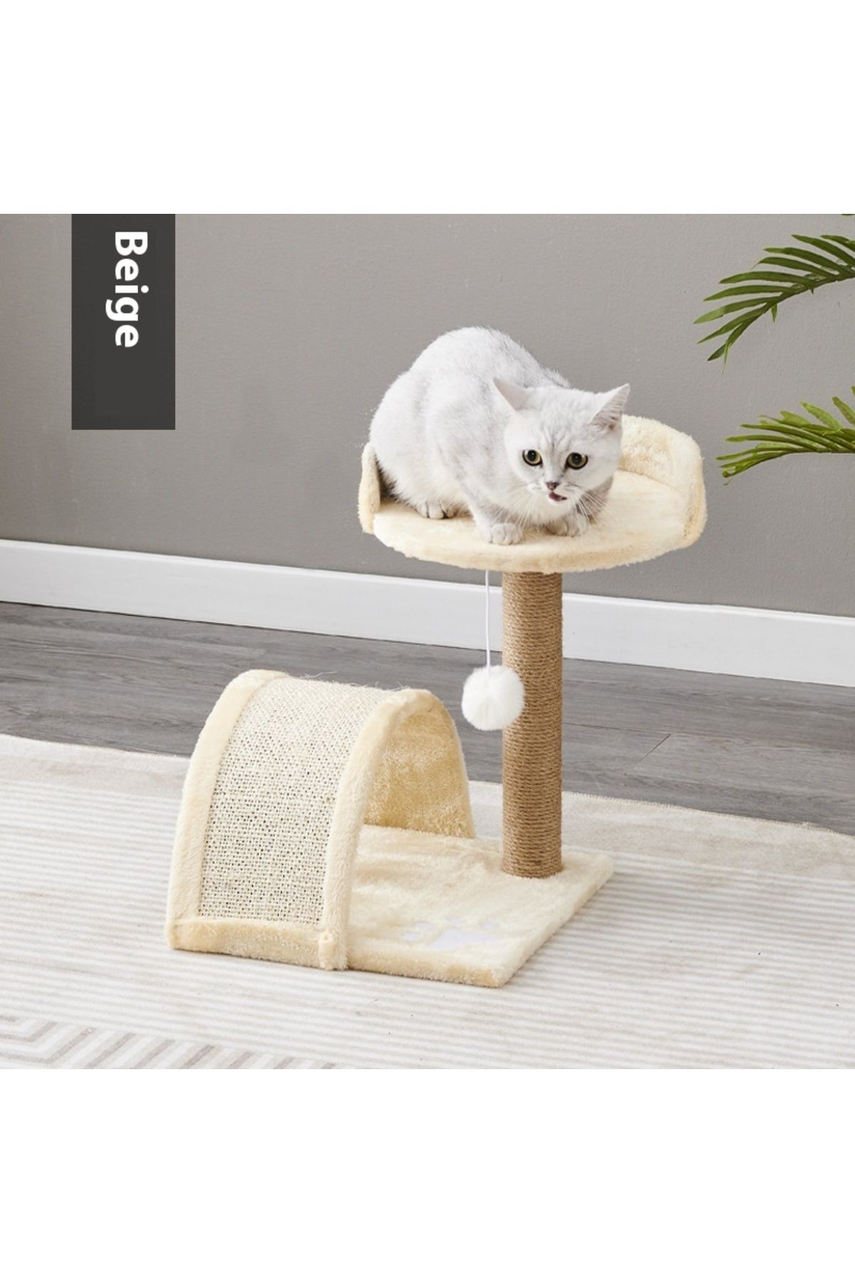 COOYA-Cat Scratching Post Tower,Cat Tree Tower with Hanging Ball Toy,Plush Platform and Scratch Ramp,Beige 3