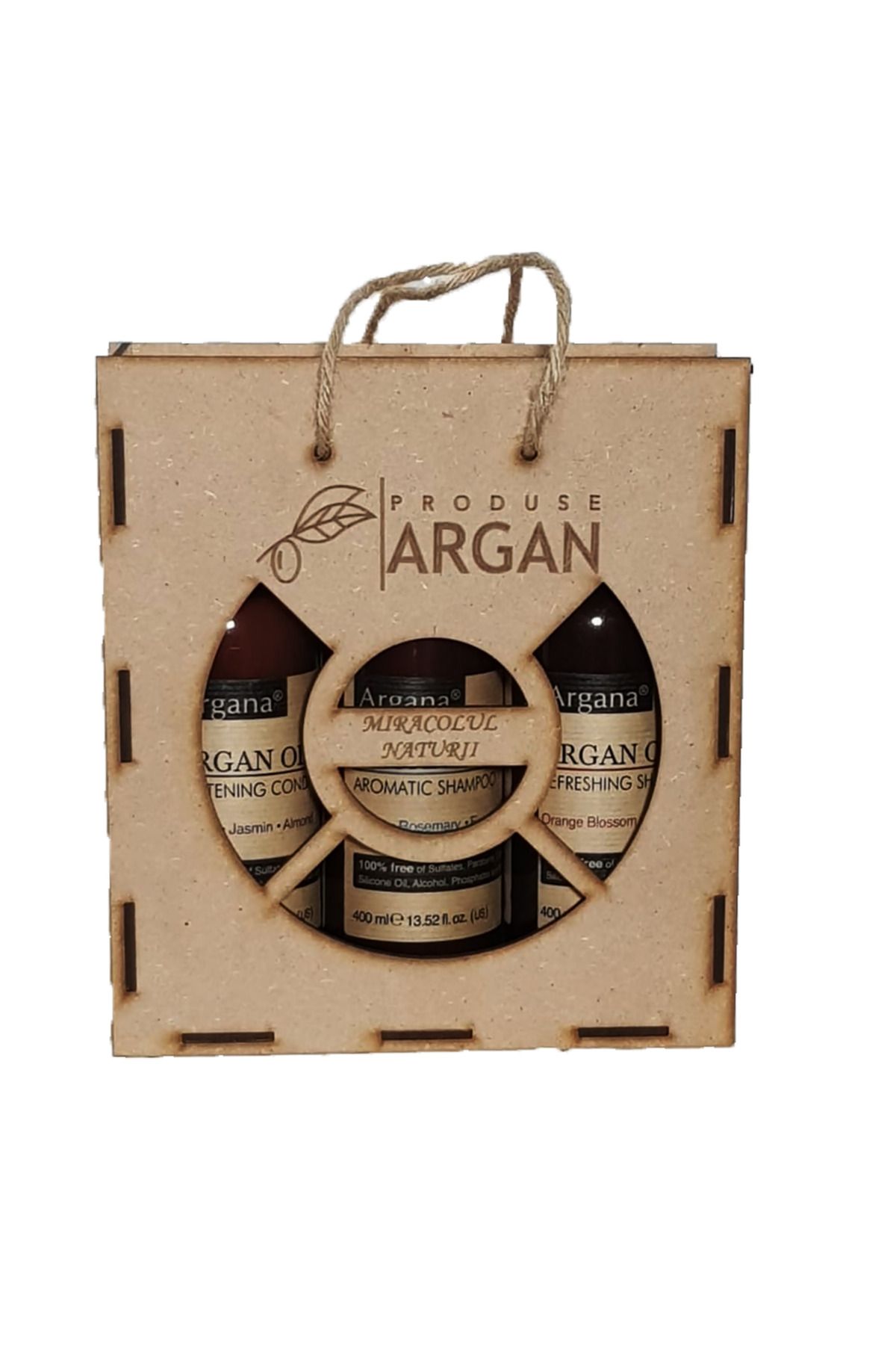 AZBANE -CASABLANCA - MAROC-Set Rustic Argan Cutie Lemn Sampon Argana 400 ml, Balsam Par Argana 400 ml, Gel De Dus Argana 400 ml 2
