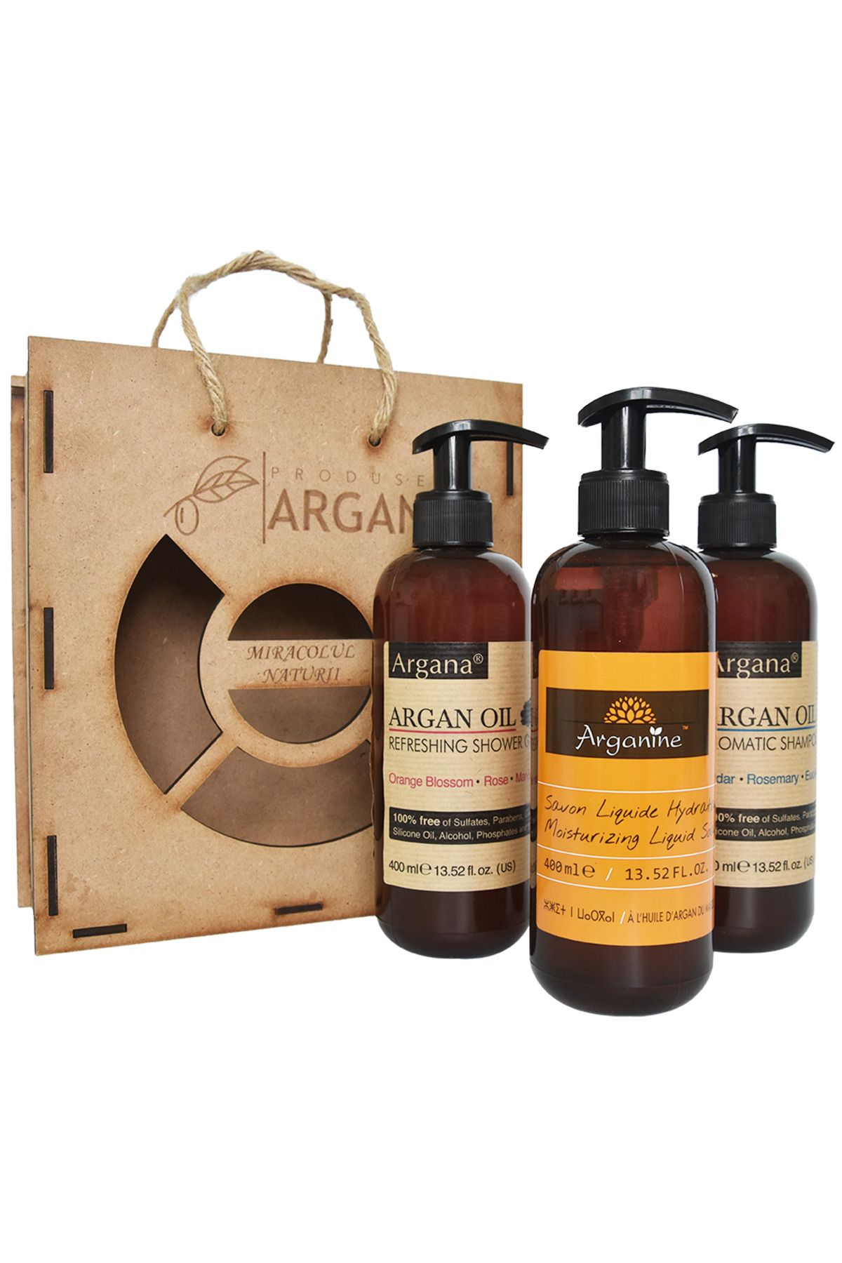 AZBANE -CASABLANCA - MAROC-Set Cadou Rustic Sampon Argana 400 ml, Sapun Lichid Arganine 400 ml, Gel De Dus Argana 400 ml 2