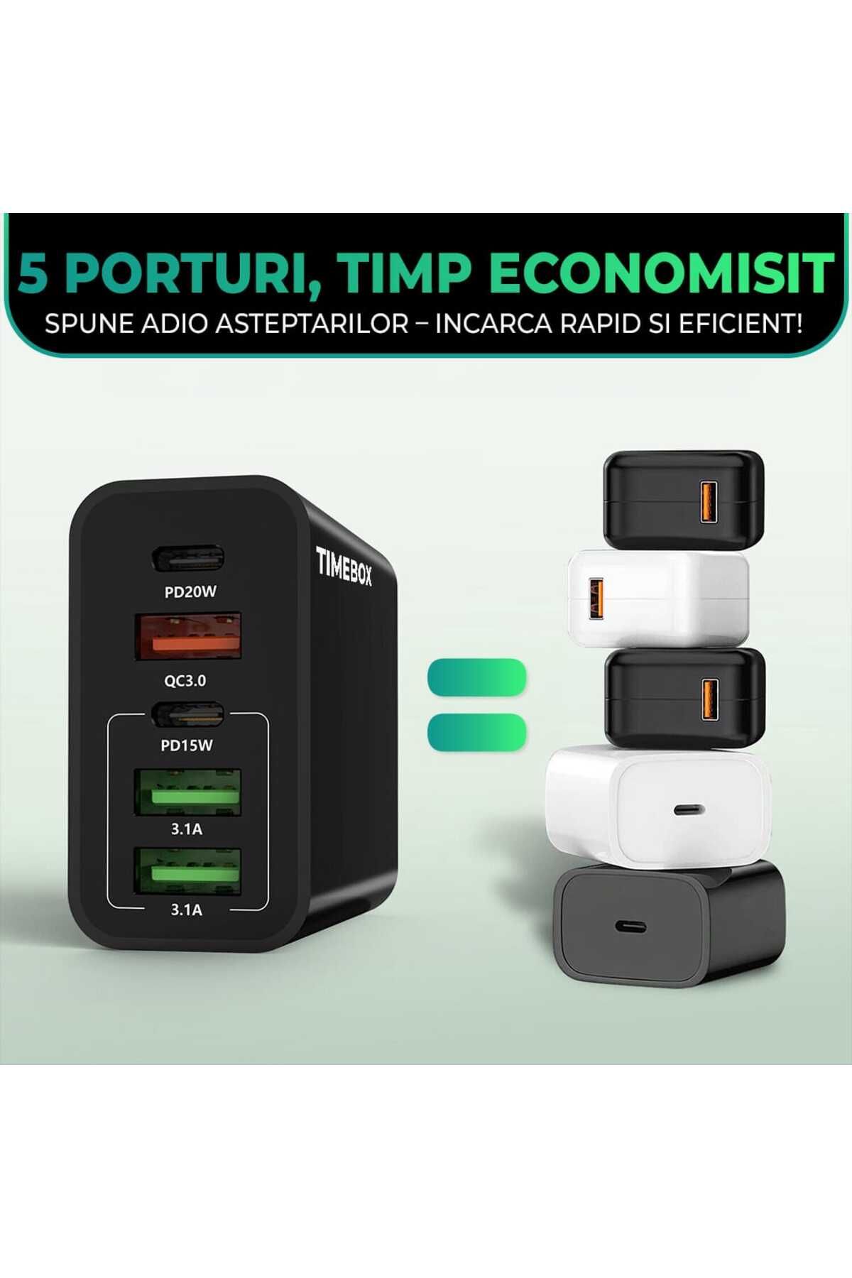 Timebox-Încărcător de rețea, 5 porturi, încărcare rapidă 65W, 3 x USB, 2 x Tip-C, cablu de date USB-C inclus 6