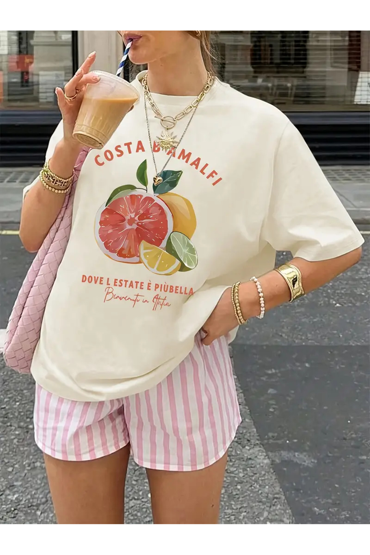 Elvino  Oversize Kesim Kısa Kollu Greyfurt Limon Baskılı T-shirt