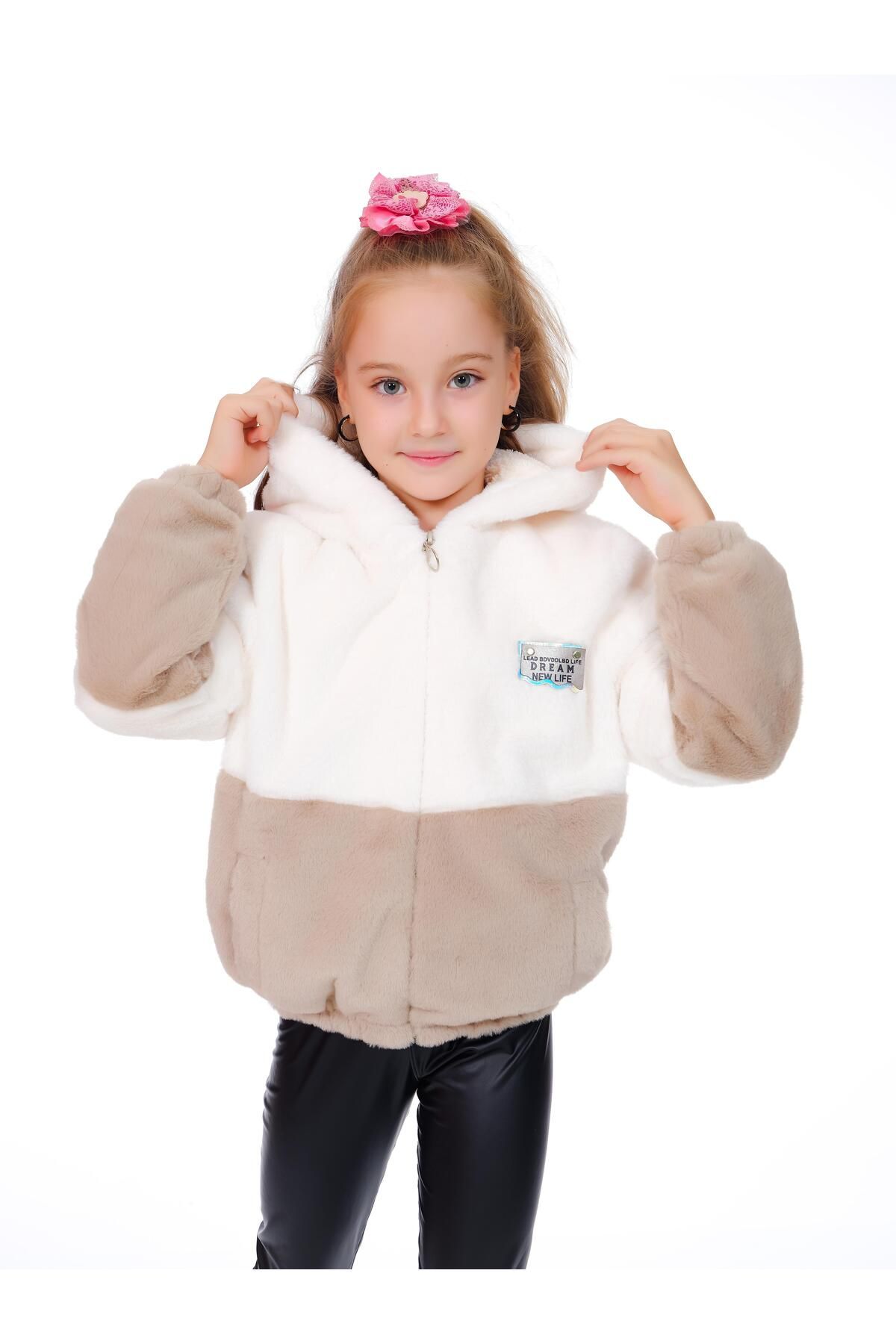 Kamex-Two Color Plush Coat with Zipper and Welsoft Inside Beige White 4
