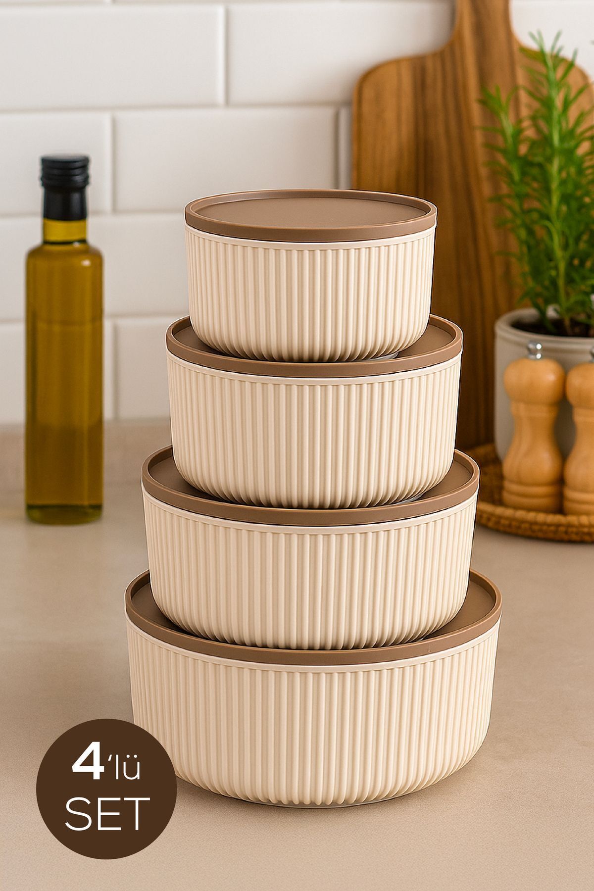 İLİVA-Set of 4 Round Storage Containers Striped Beige |   2.5L 1.5L 0.80L 0.45L |   Microwave and Freezer Compatible 1