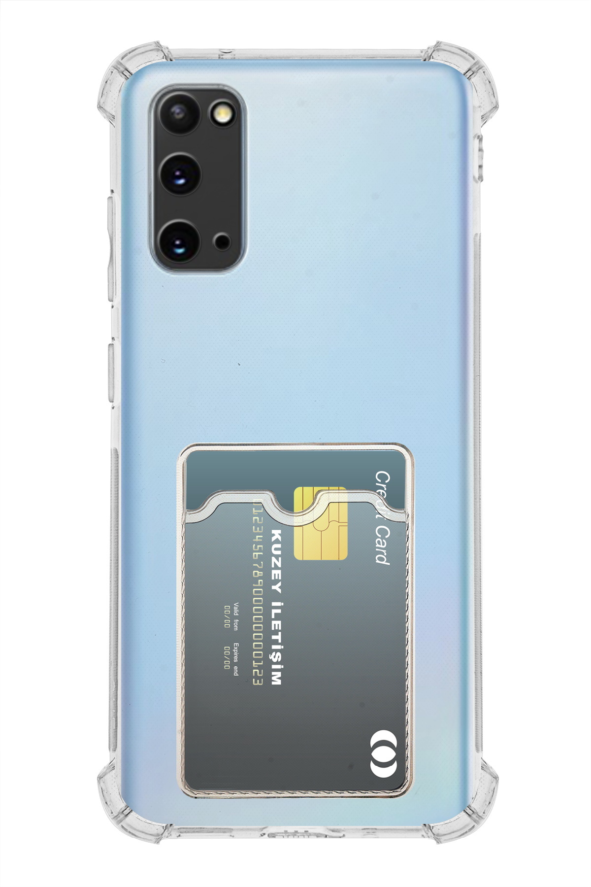 Samsung S20 Kapak ile Uyumlu Kamera Korumalı Kartlıklı Darbe Emici Özellikli Şeffaf Silikon Kılıf