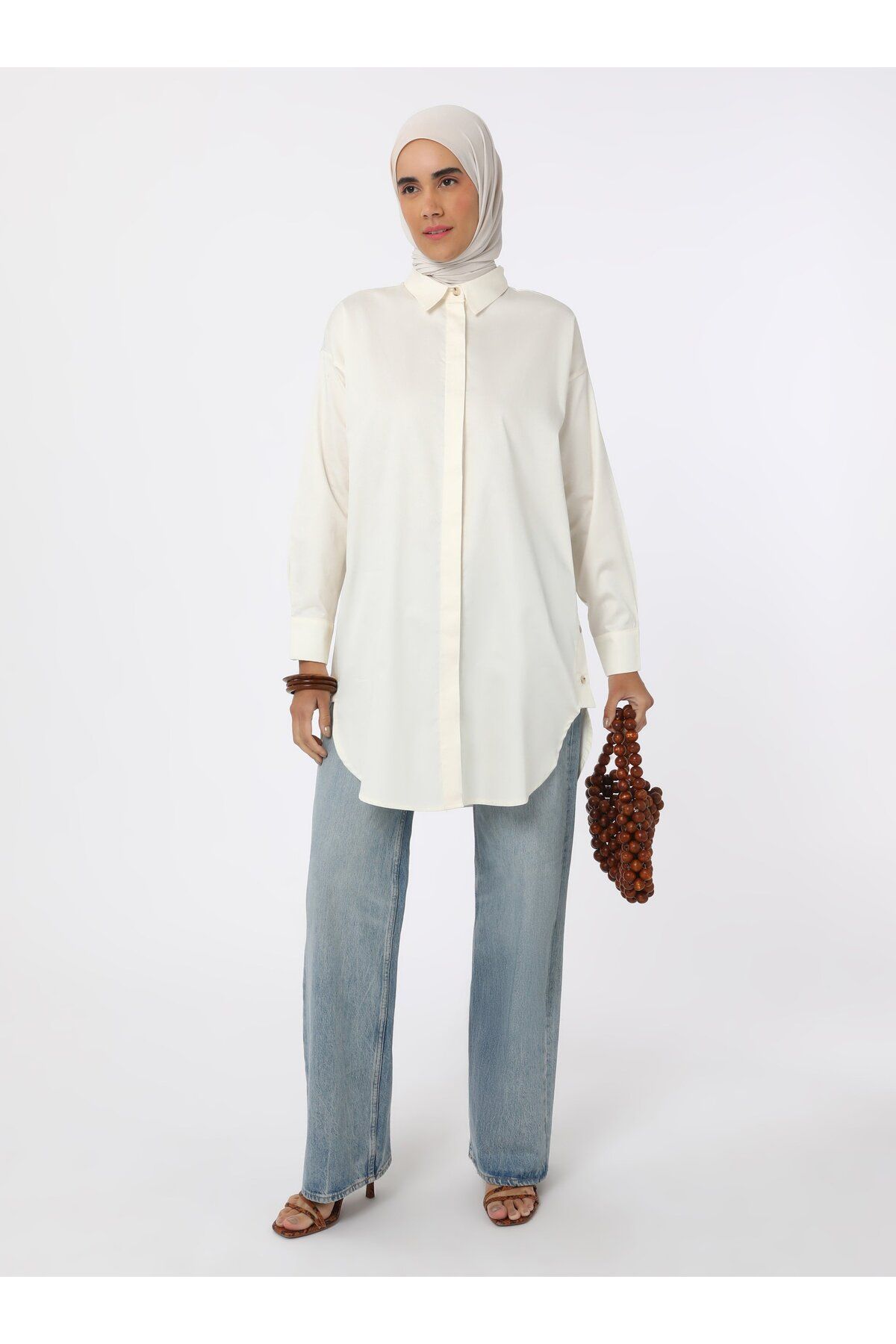 Refka-Button Detailed Poplin Tunic - Ecru - 2