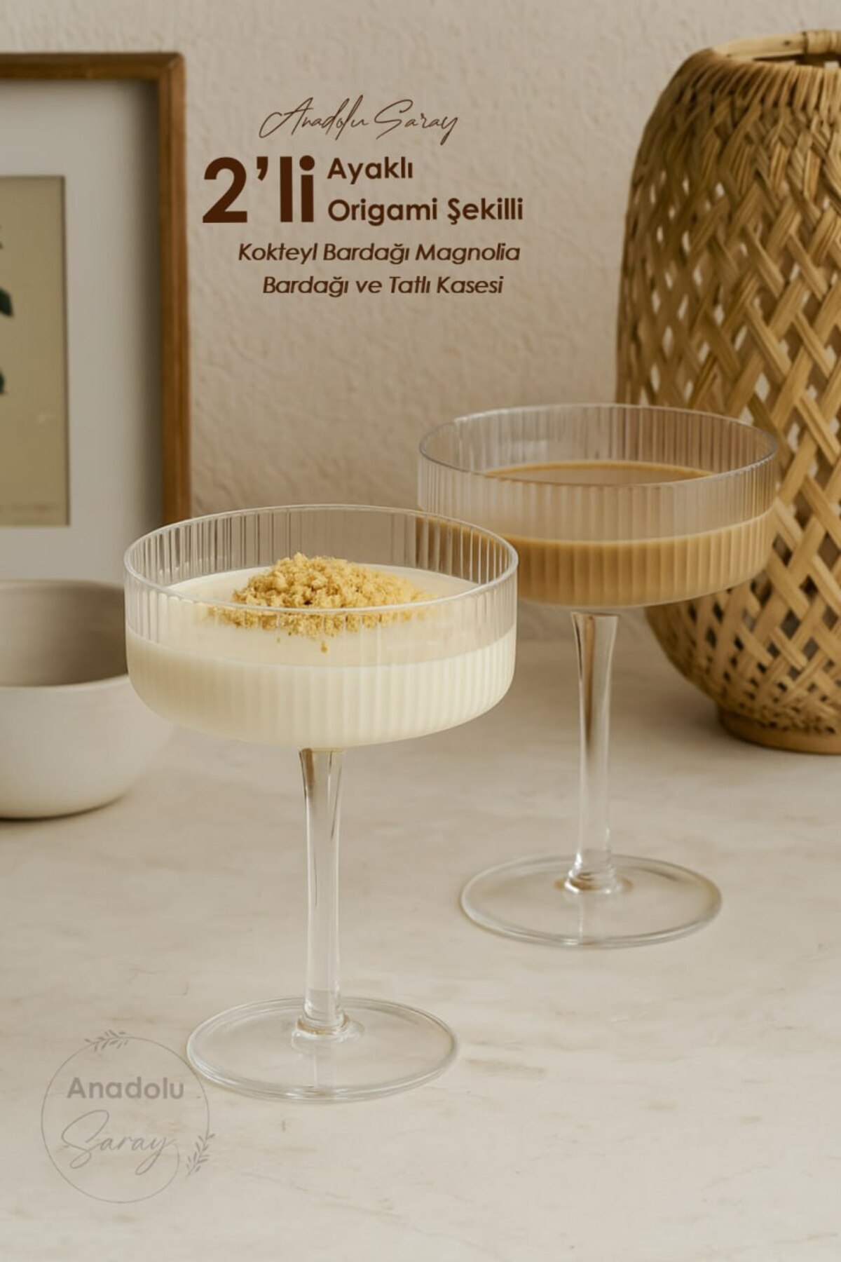 Anadolu Saray 2Pcs Transparent Footed Origami Shaped Coffee Presentation and Cocktail Cup Magnolia Cup and Dessert Bowl