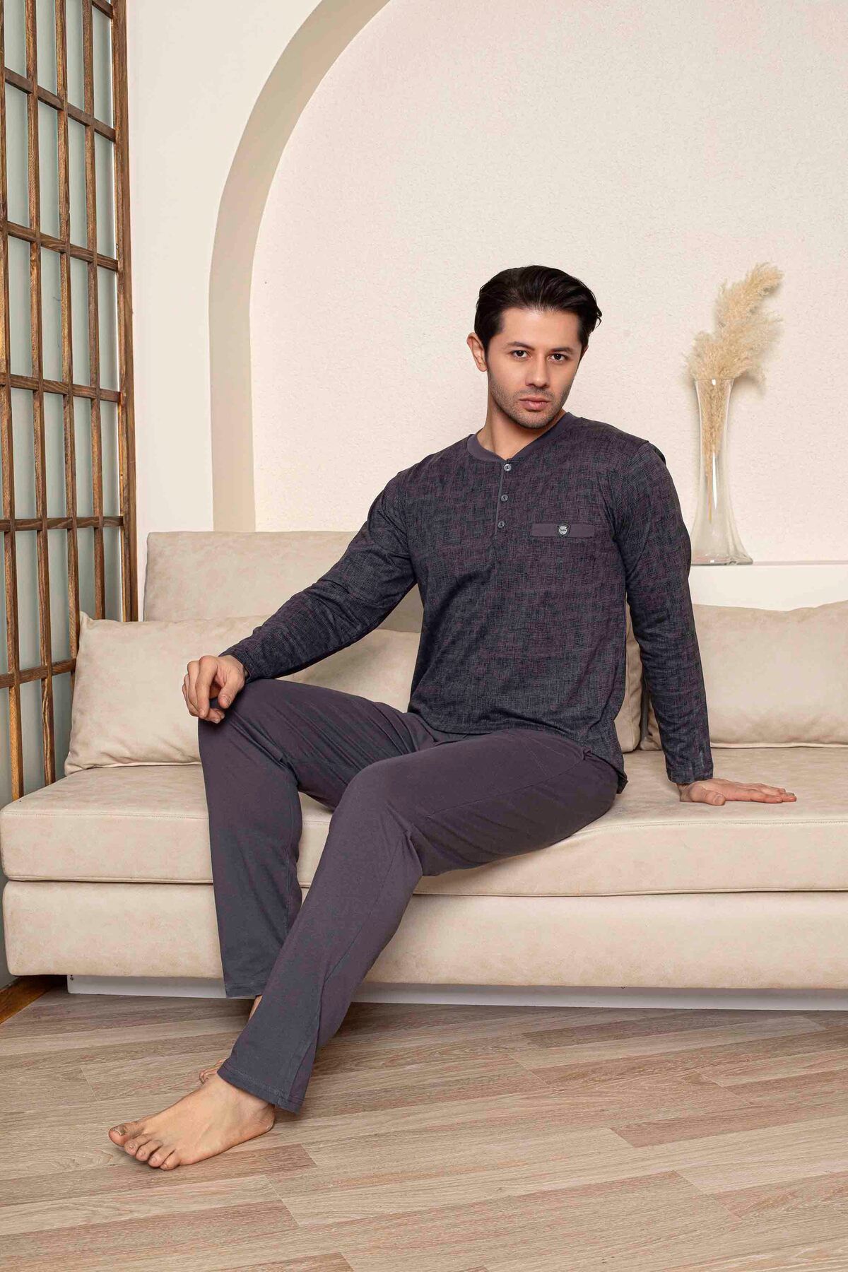 Tarık-Men's Combed Cotton Half Button Smoked Flatolu Crushed Long Sleeve Pajama Set 2