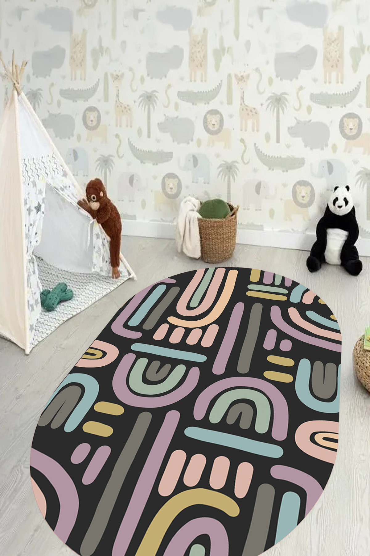 EVİMSEN Dekoratif Baskılı Yıkanabilir ve Kaymaz Soyut Desenli Oval Çocuk Halısı, B,O,ÇOCUK,26,ANTRASİT