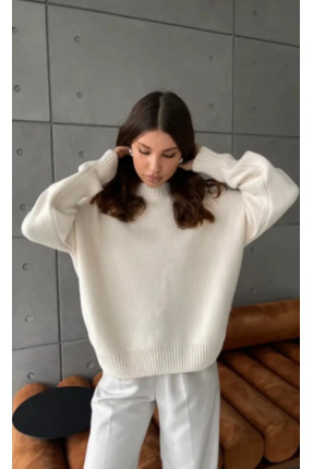 STF MODA Kadın Krem Oversize Triko Kazak - Yumuşak Dokulu Bisiklet Yaka