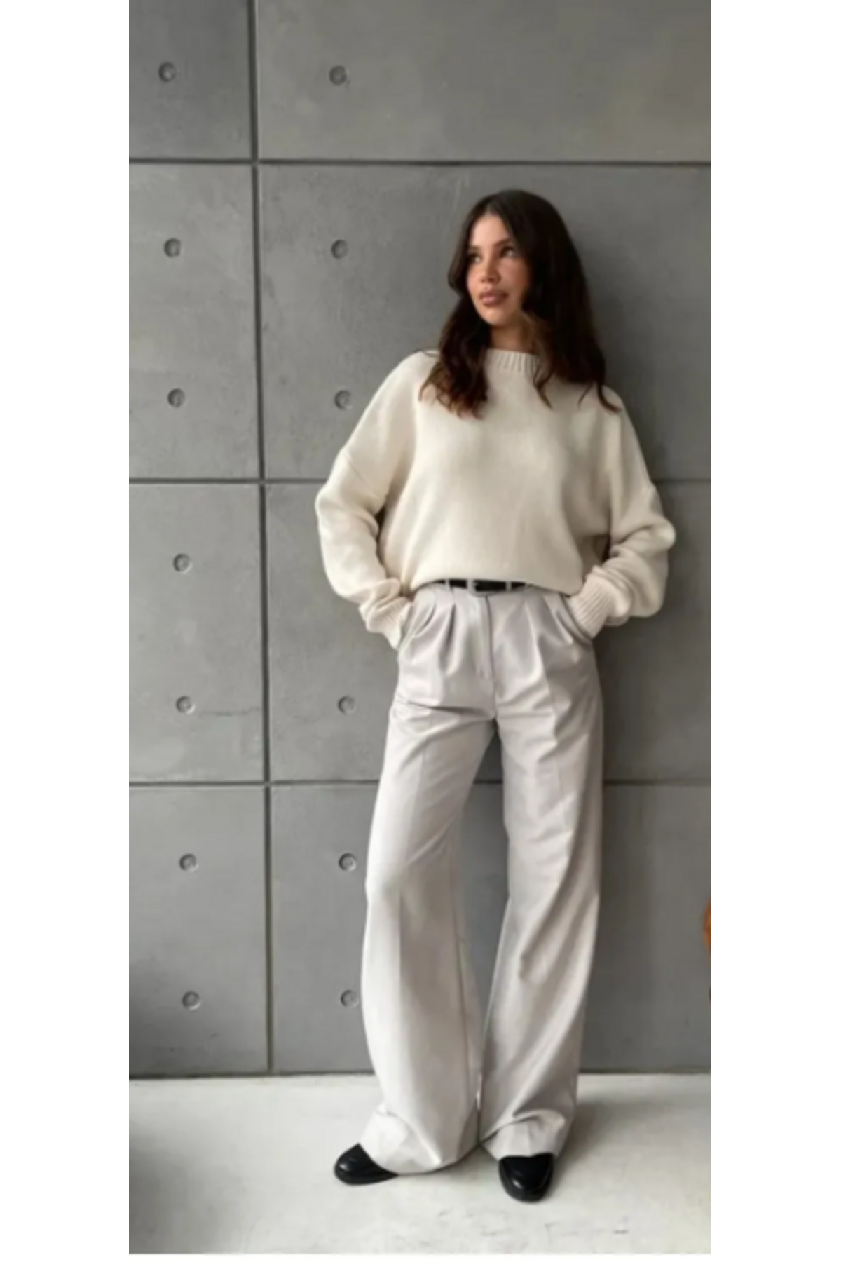 Genel Markalar  Kadın Krem Oversize Triko Kazak - Yumuşak Dokulu Bisiklet Yaka - Görsel 5