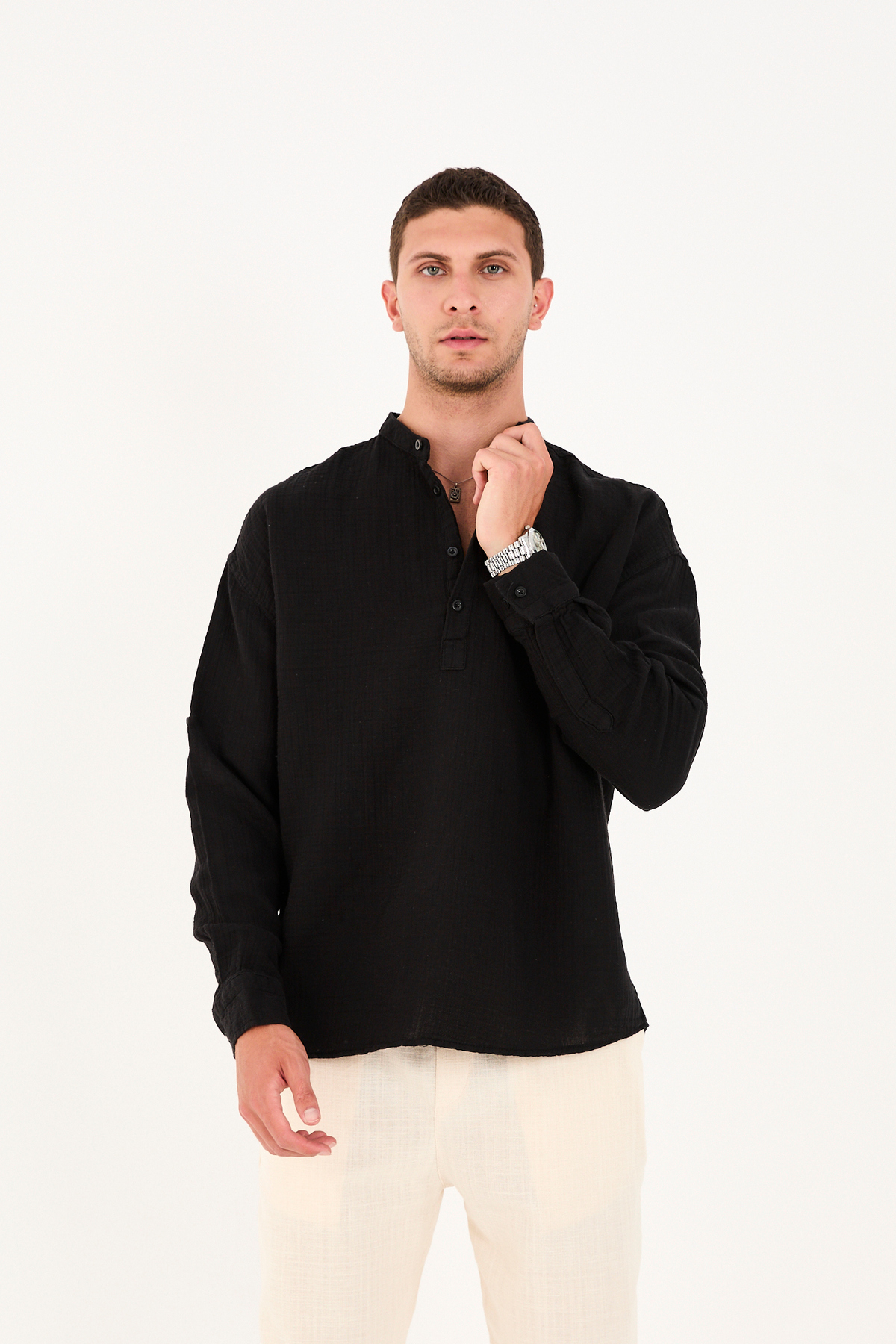 No Way  Erkek Regular Fit %100 Pamuk Müslin Hakim Yaka Yarım Pat Gömlek - Görsel 7