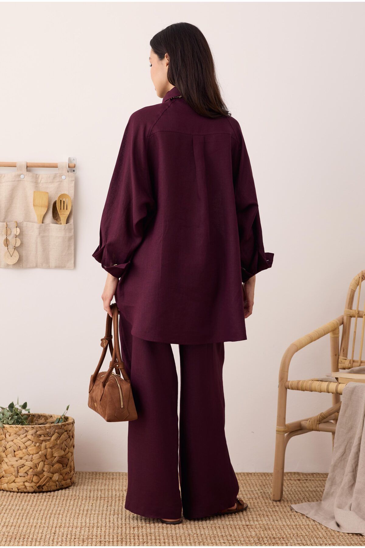 HEQA-Πλισέ Basic Λινό Παντελόνι Claret Red 4