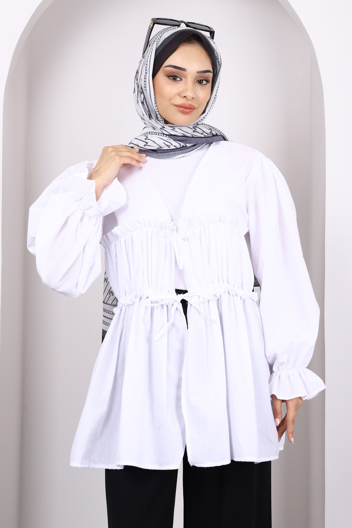 İmajButik Kimono Alb Cu Volane Cu Legare În Față Femeie - Standard