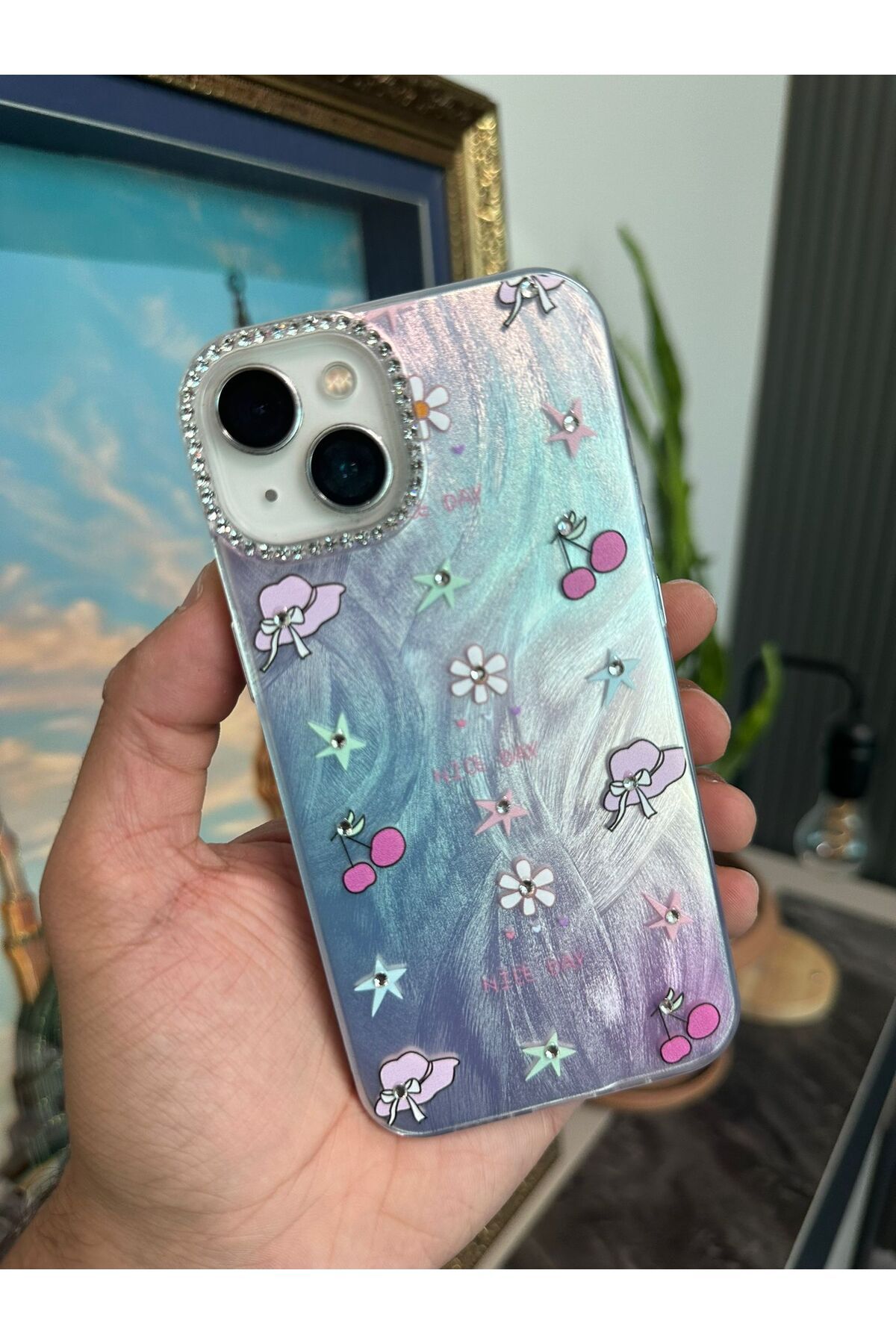 m.tk moveteck-iPhone 15 Case Camera Frame Stone Back Hologram 3D Pattern Color Reflection Figure Cover 5