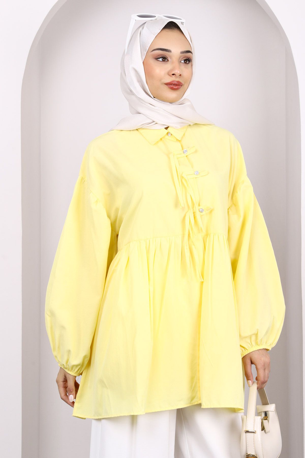 İmajButik-Yellow Sleeve Elastic Front Buttoned Tunic 3