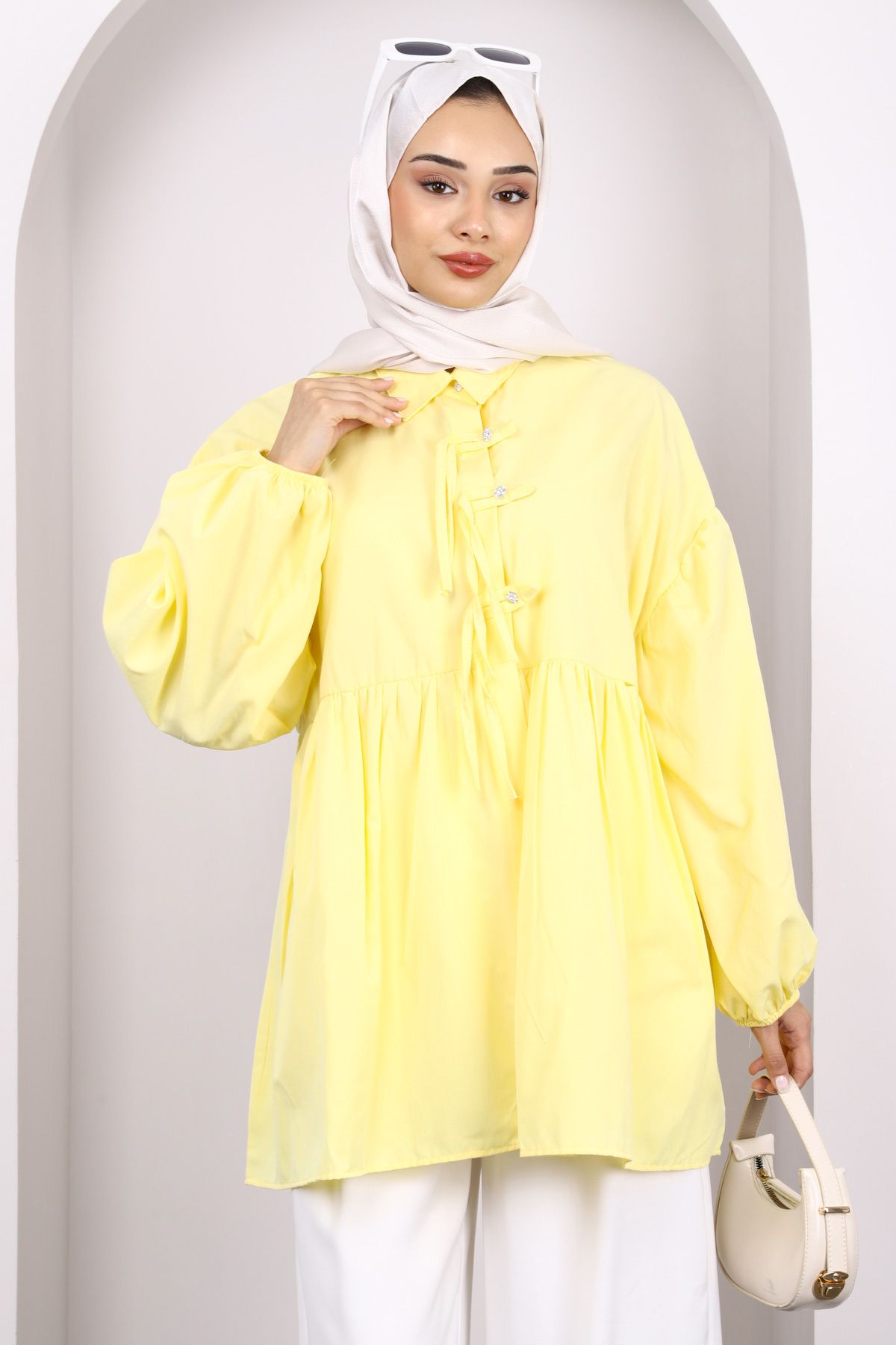 İmajButik-Yellow Sleeve Elastic Front Buttoned Tunic 1