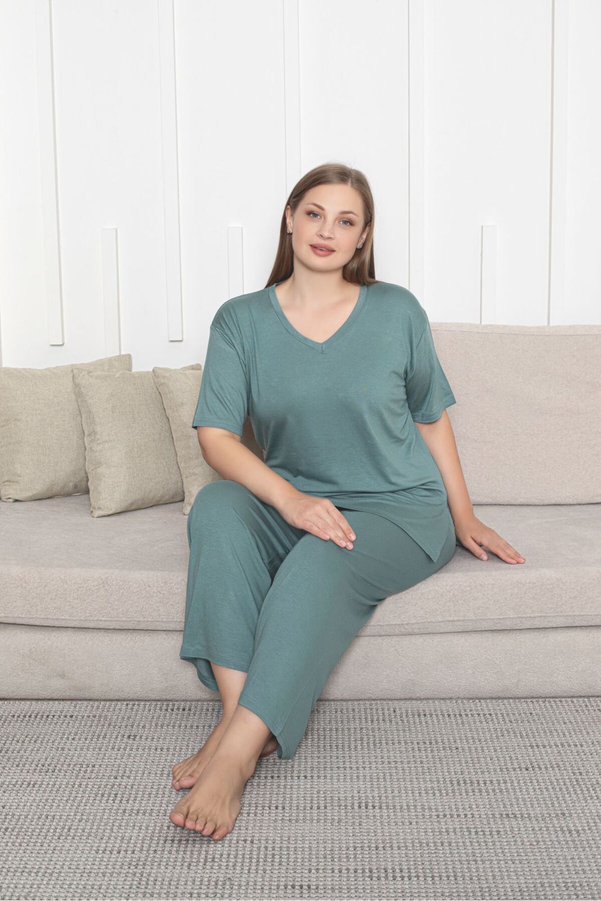 Asel-Large Size Lycra Combed Cotton Fabric Side Slit 2-Piece Stylish Tunic Bottom-Top Set 3