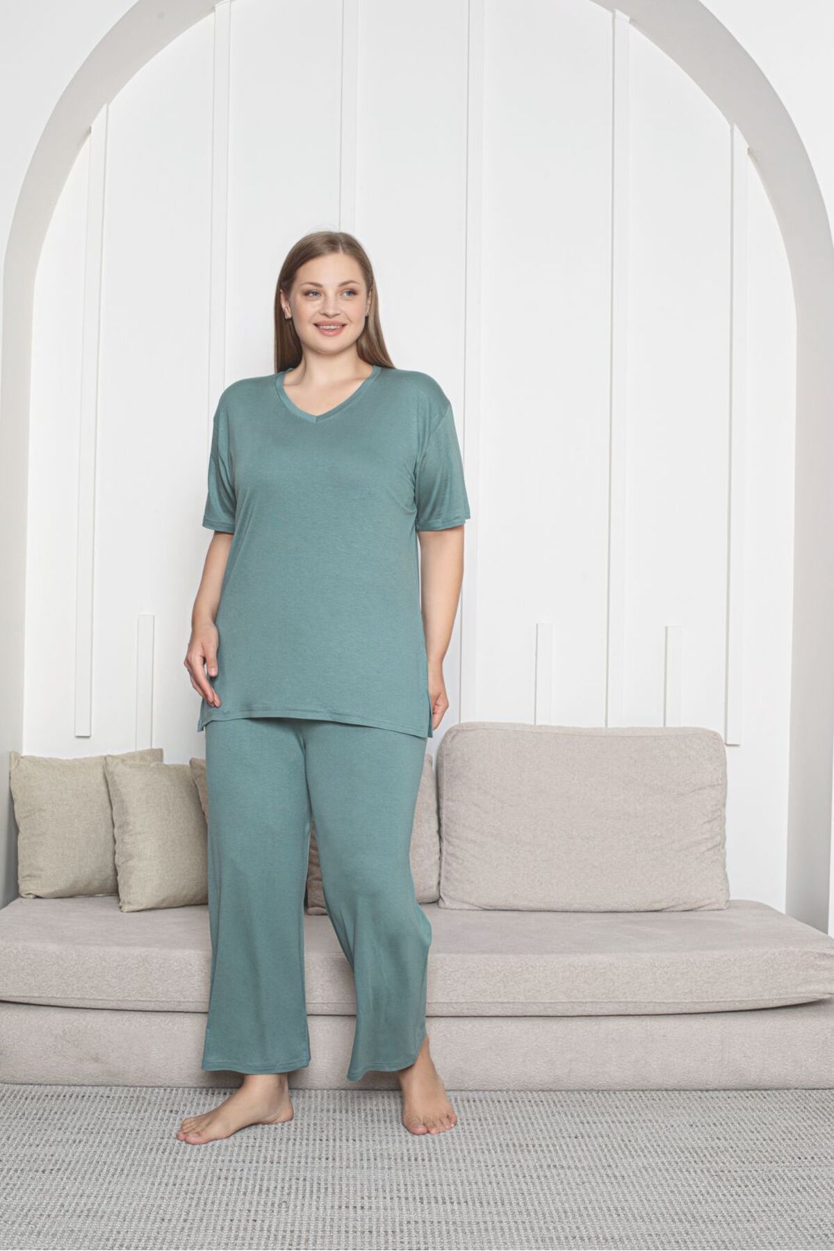 Asel-Large Size Lycra Combed Cotton Fabric Side Slit 2-Piece Stylish Tunic Bottom-Top Set 1