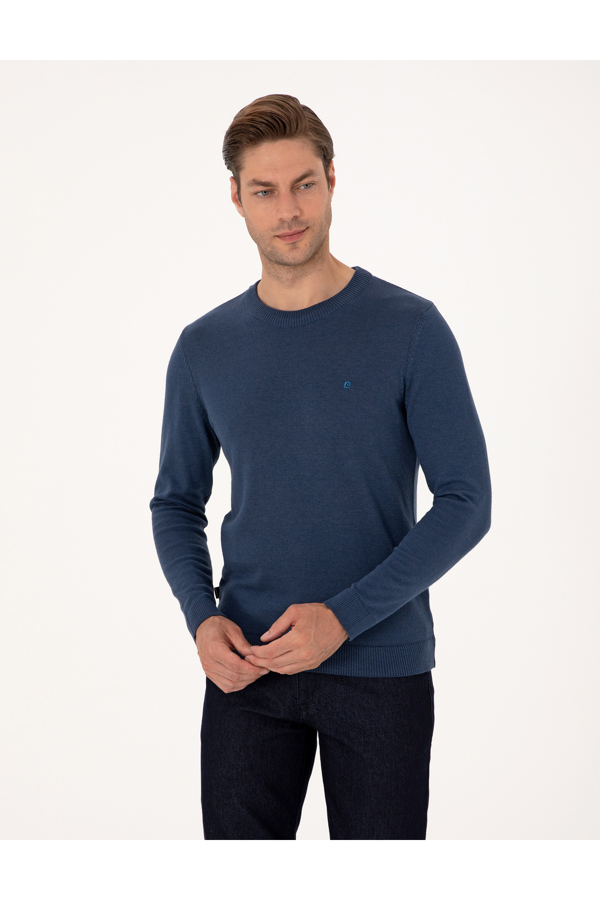 پیر کاردین ژاکت بافتنی اصلی Indigo Melange Slim Fit Crew یقه 50314192-VR155