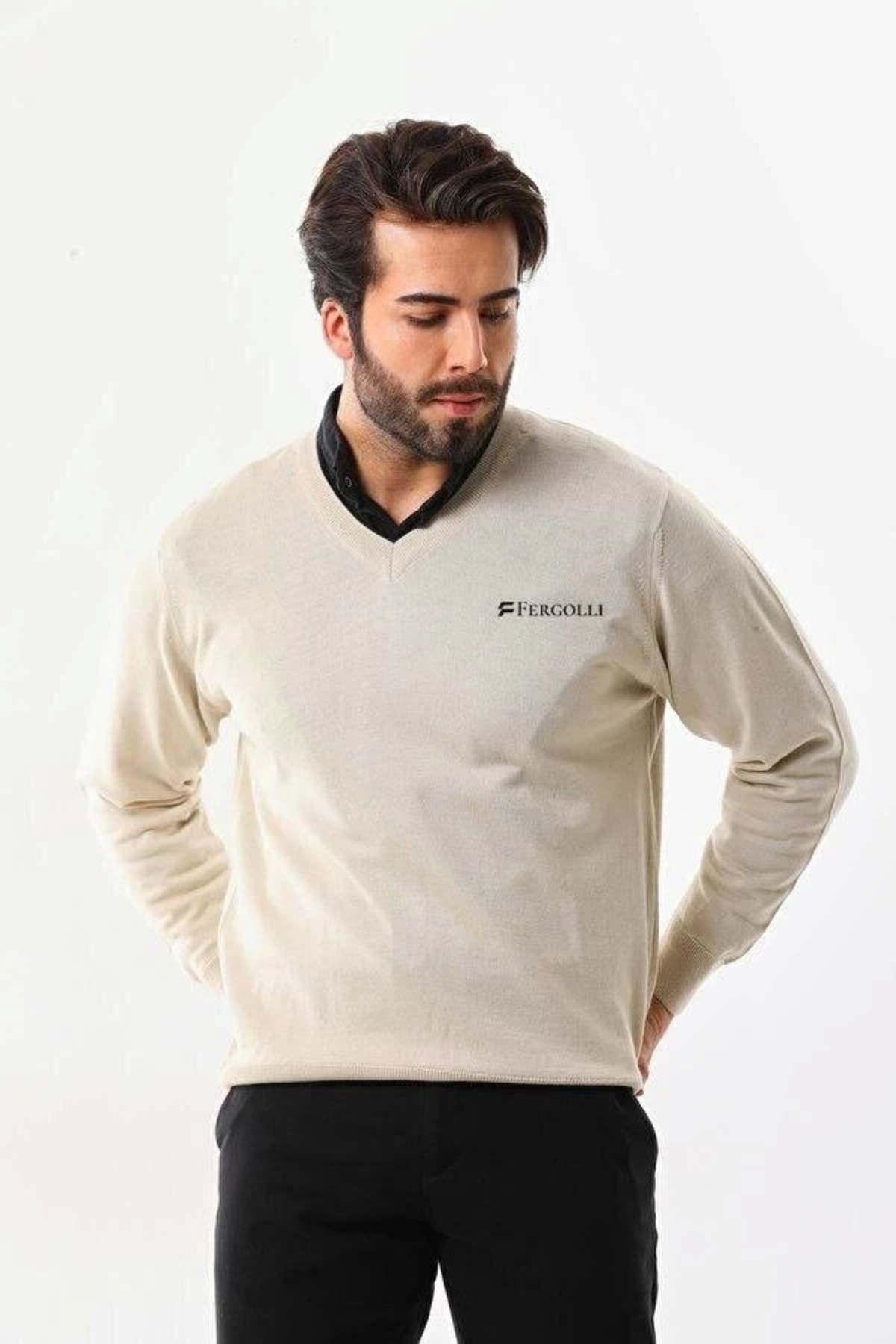 Genel Markalar Baskılı V Yaka Uzun Kol Dokuma Triko - Bej