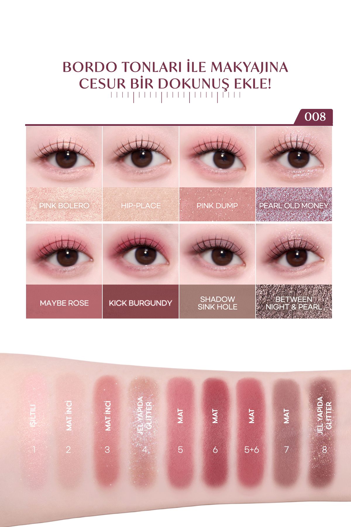 PERIPERA-Matte, Shimmer, Glitter Intense Pigmented Shadow Palette All Take Mood Palette 008 Burgundy but with 3