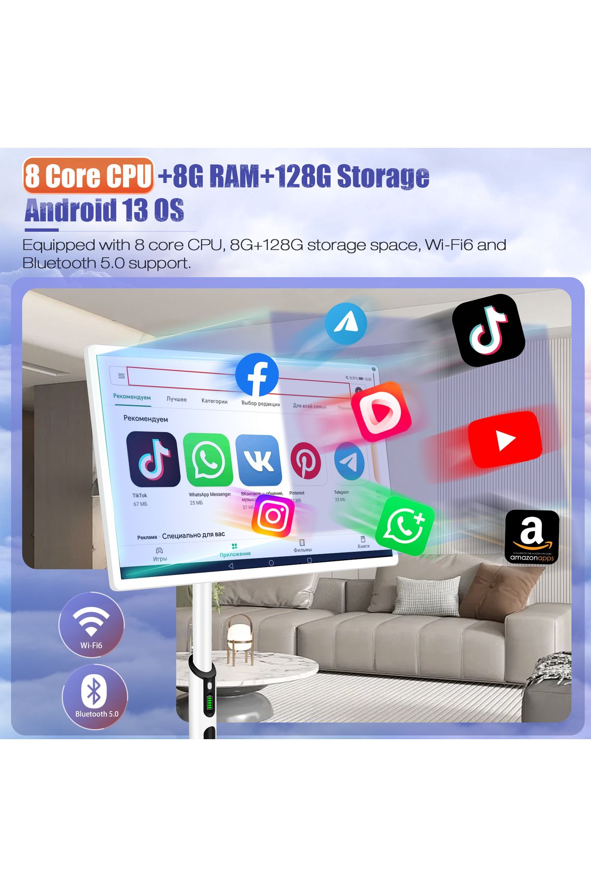 XIAN TIAN XIA-32 Inch Smart Portable TV, Rolling Tablet with Adjustable Floor Touchscreen Monitor,Build-in Camera 2