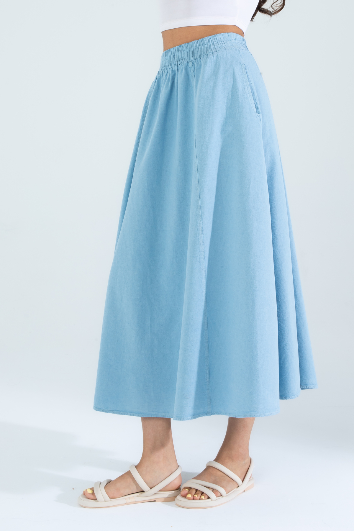 Suzella  Kadın A Kesim Yüksek Bel Cepli Dökümlü Kloş Etek - Dokulu Keten - Görsel 5