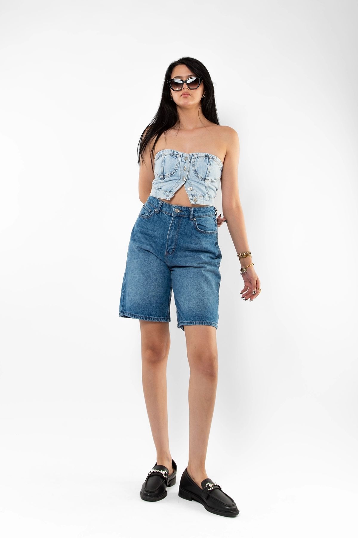 Bak Moda-Ice Blue Denim Crop with Button Closure 3