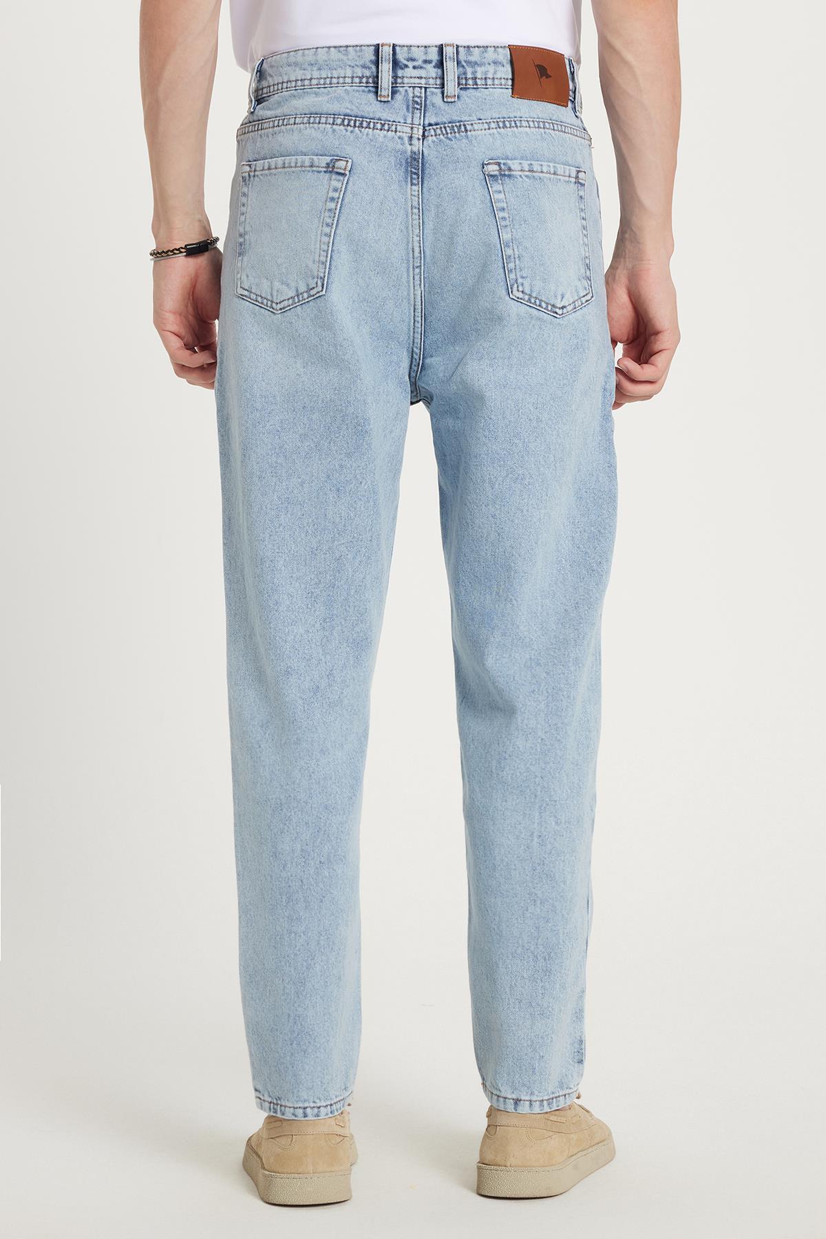 Tudors  Erkek Relax Fit Geniş Kesim Boru Paça Yıkamalı Taşlamalı Boyfriend Esnek Mavi Jean Kot Pantolon - Görsel 6