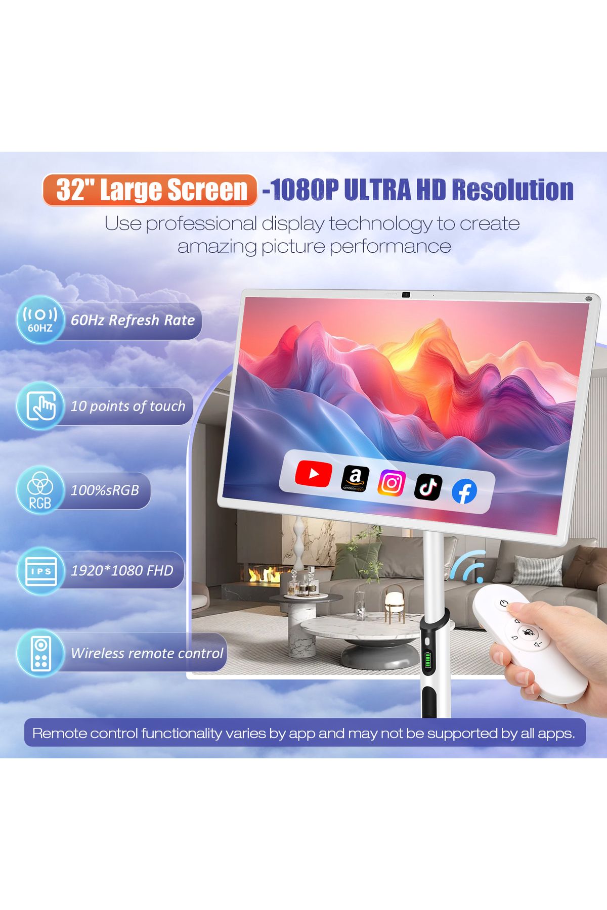 XIAN TIAN XIA-32 Inch Smart Portable TV, Rolling Tablet with Adjustable Floor Touchscreen Monitor,Build-in Camera 3