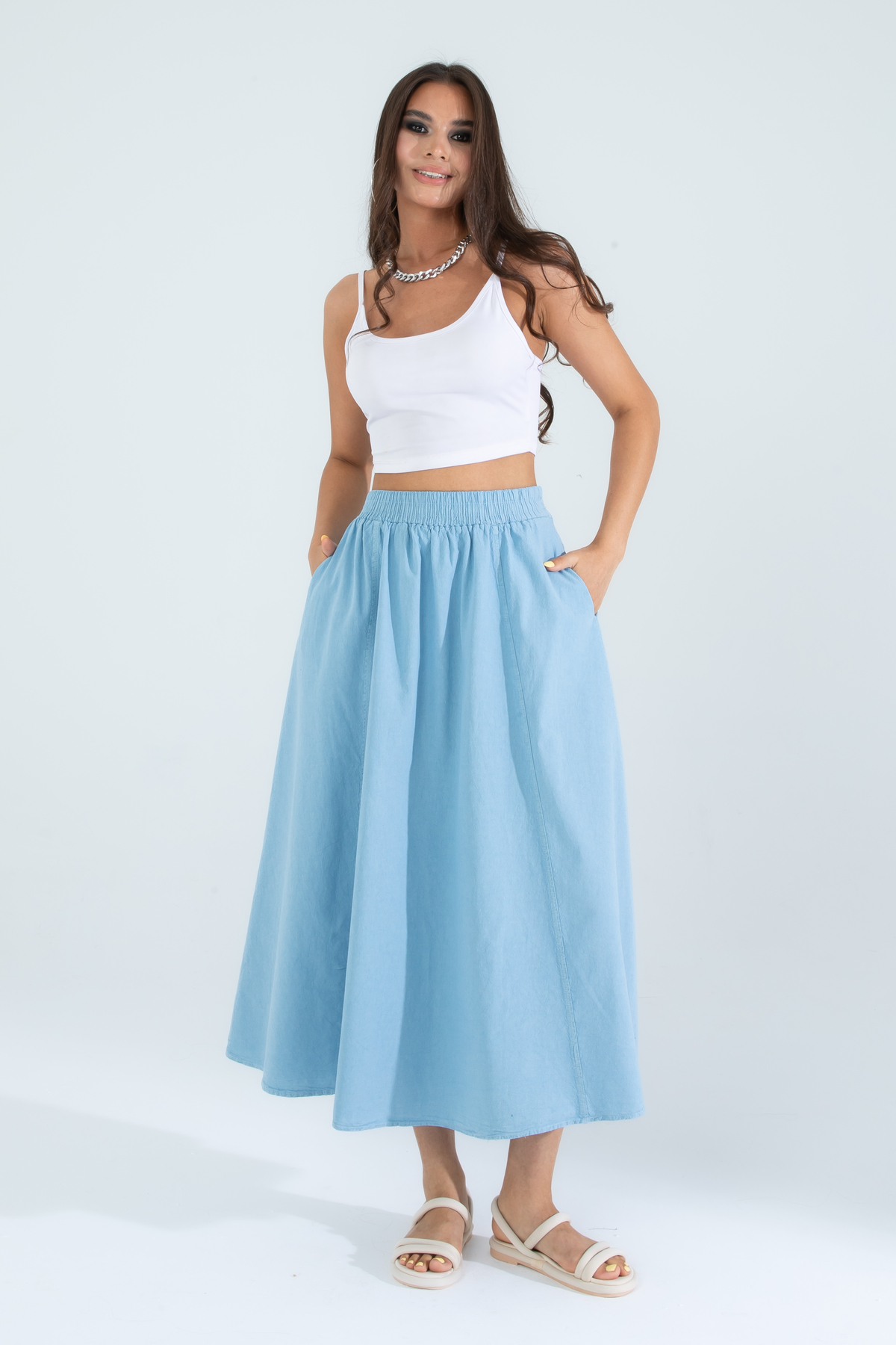 Suzella  Kadın A Kesim Yüksek Bel Cepli Dökümlü Kloş Etek - Dokulu Keten - Görsel 2