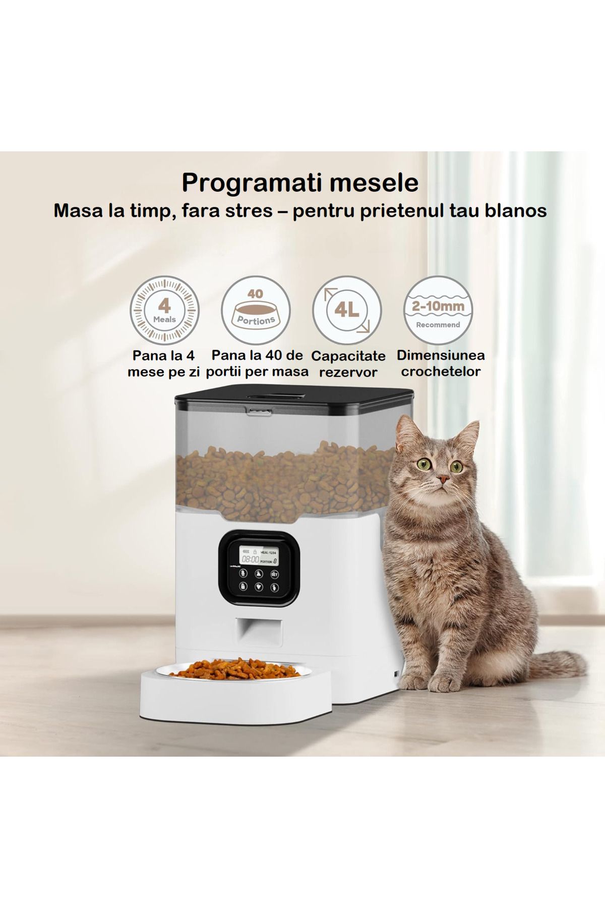Smart Vibe-Hranitor Automat Digital Huggo® Rezervor Transparent 4L SmartView, Mesaj Vocal, 4 Mese/Zi, White 7