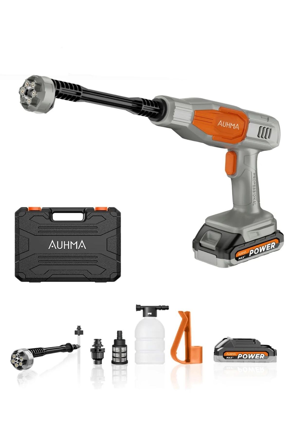 Şarjlı Yüksek Basınçlı Oto Yıkama Ve Sulama Tabancası 21V Çift Bataryalı 175 PSI 16.000 RPM Auhma