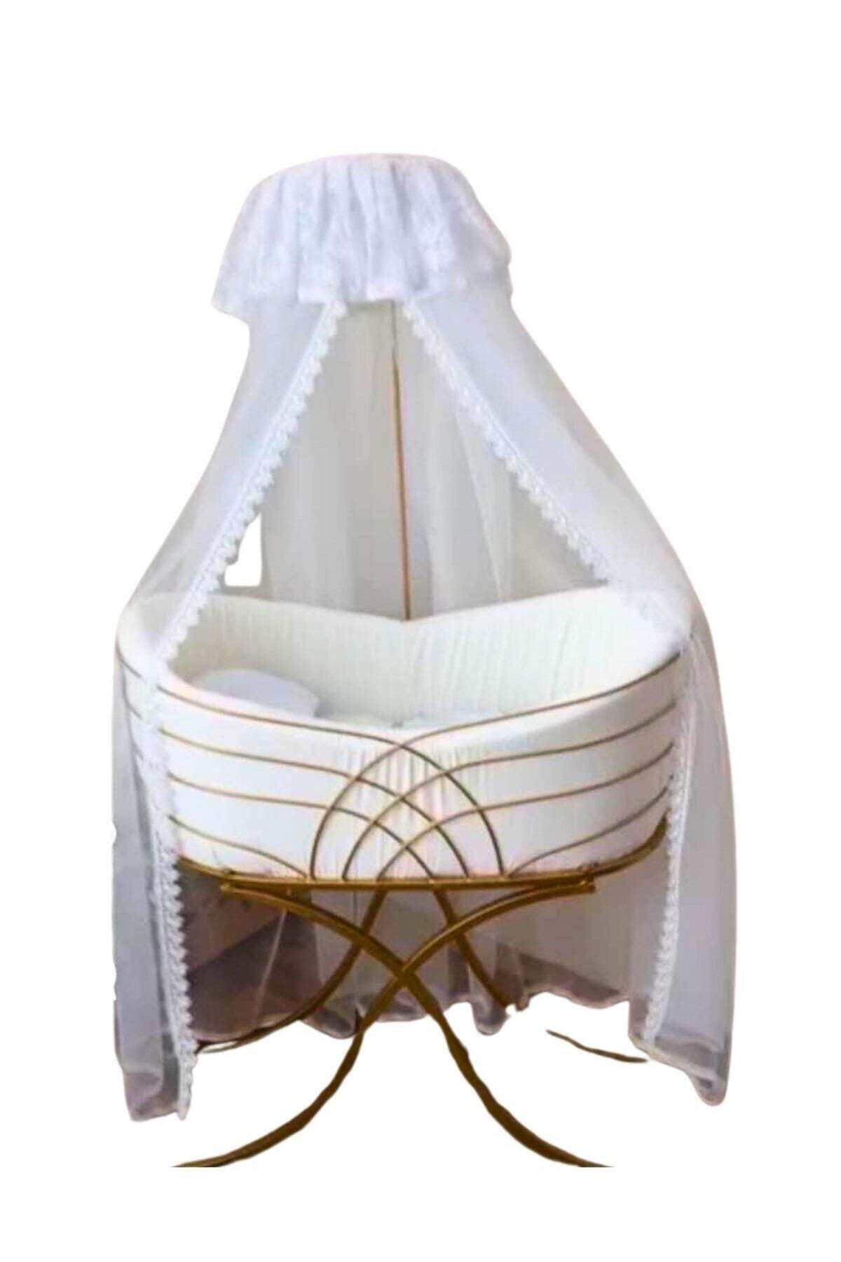 مهد أطفال فاخر من الحديد الذهبي مع ناموسية وقماش ن...