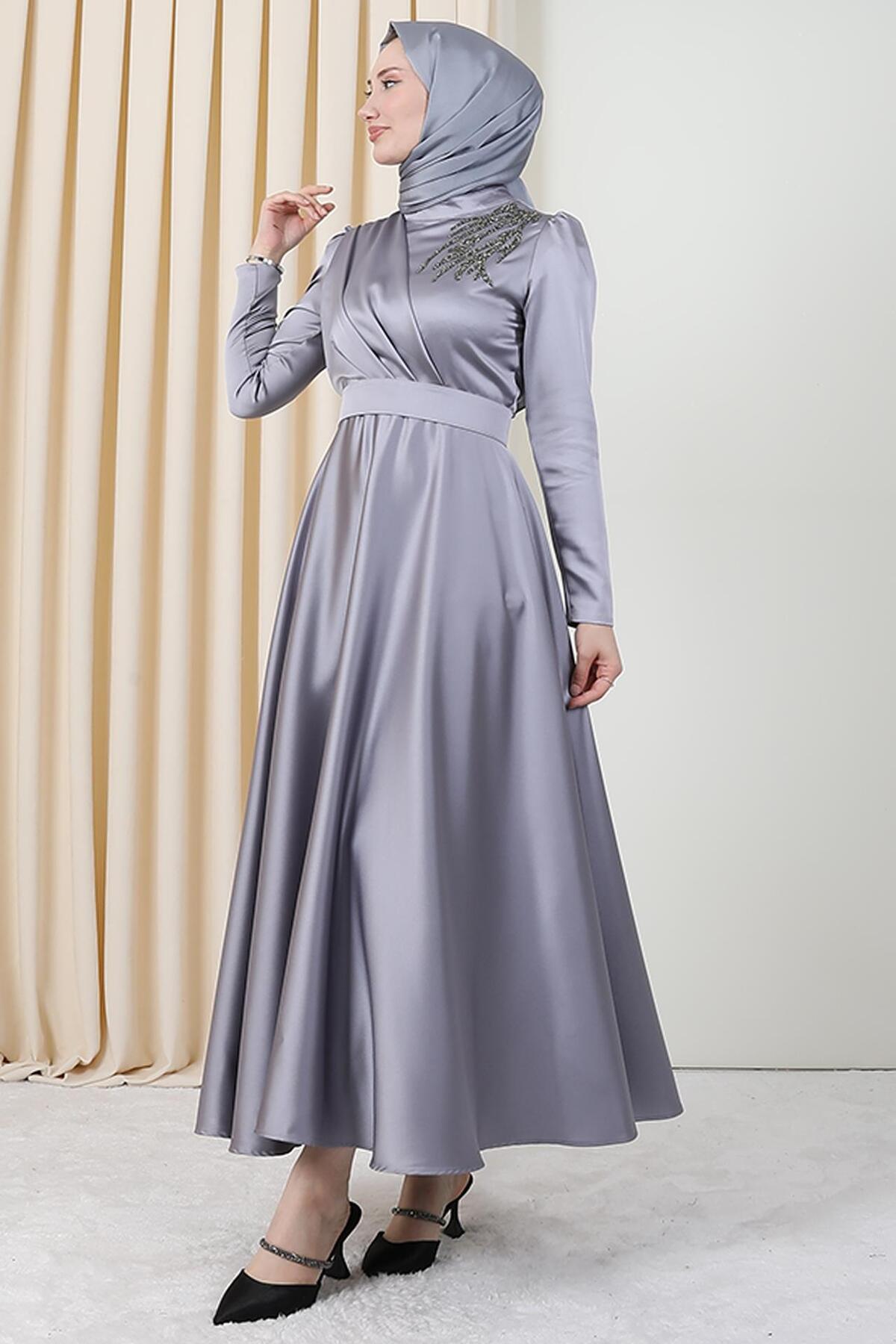 Satin Evening Dress with Shoulder Gemstone Gray