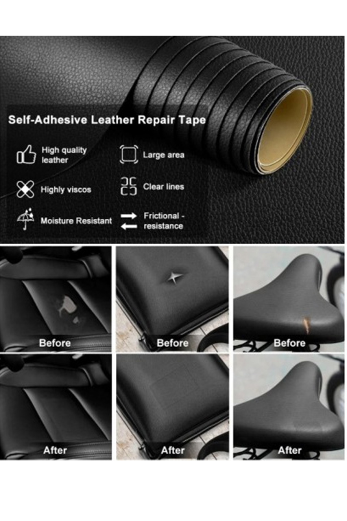 MeyZone Oto Araç Koltuk Deri Döşeme Tamir Kiti Siyah Kendinden Yapışkanlı Deri Bantı 100 cm x 50 cm fotoğrafı 2 (önizleme)