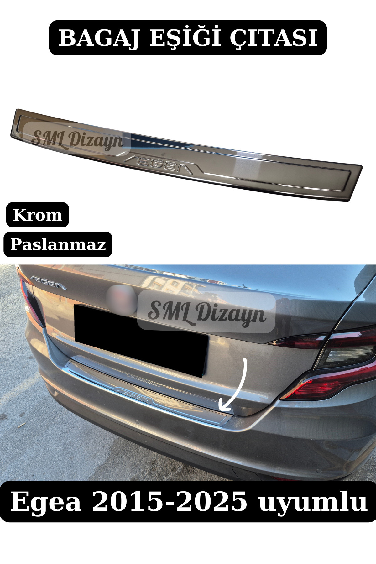 SML Dizayn Fiat Egea Bagaj Eşiği Krom Çıta Nikelajı Egea Yazılı Bagaj Çıtası 2015-2025 Paslanmaz